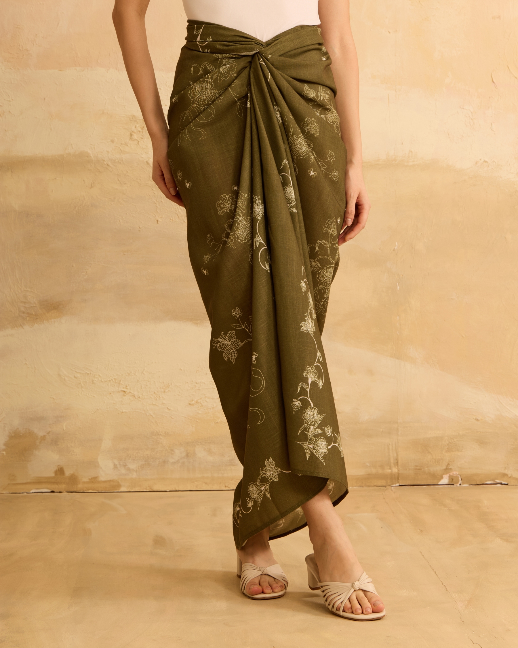 Feiha Green Printed Linen Pareo Skirt