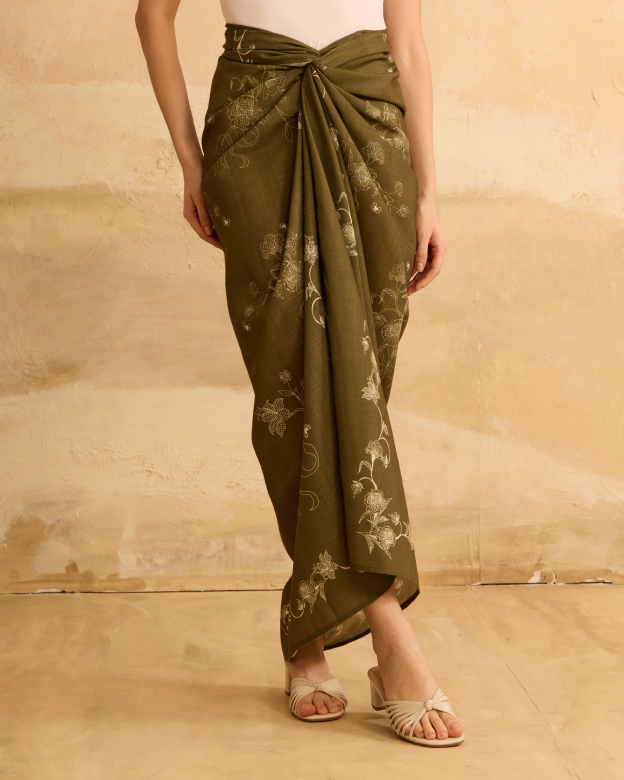 Feiha Green Printed Linen Pareo Skirt
