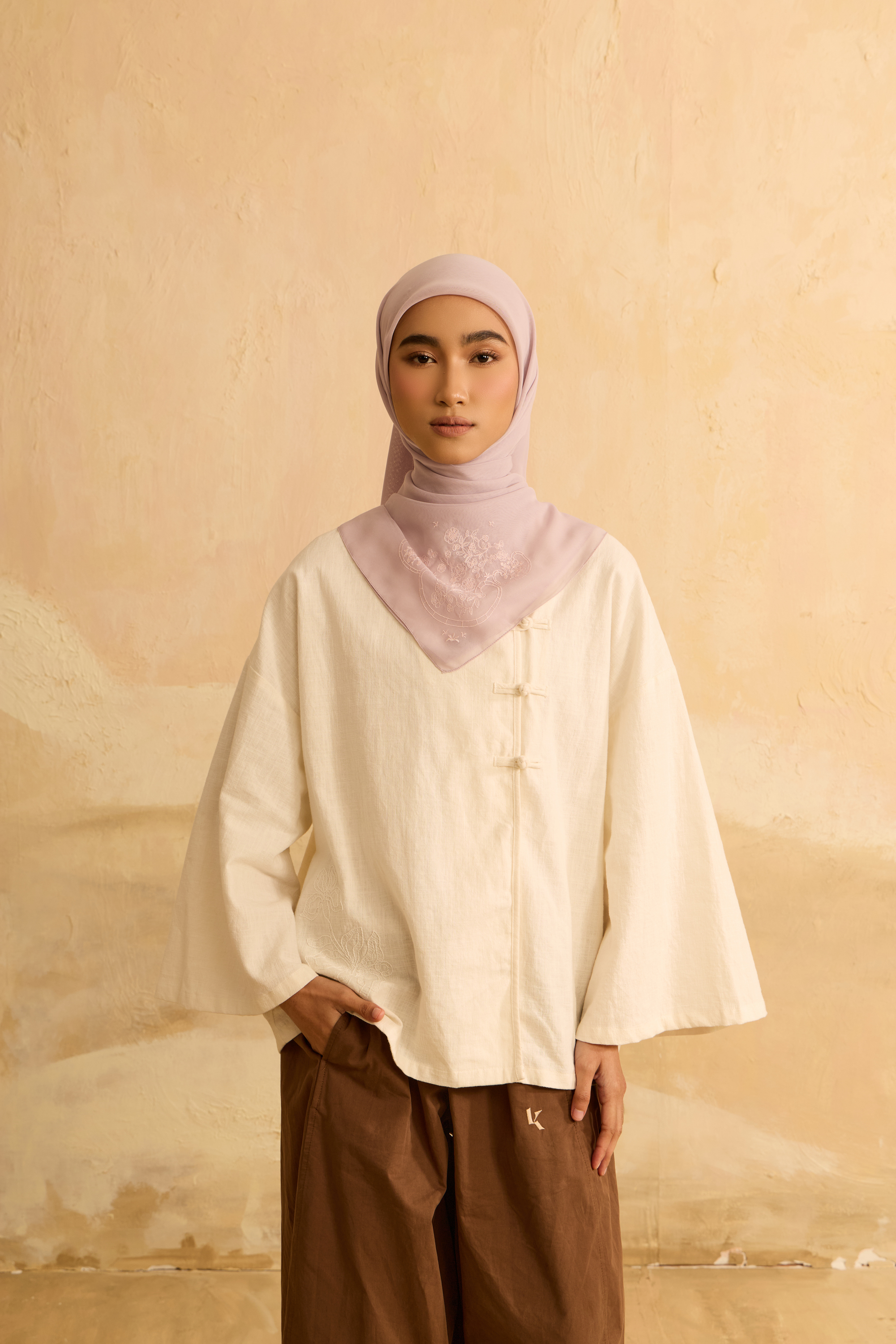 Mimpikita X Elfira Loy Enya Light Pink Embroidered Square Voile Scarf