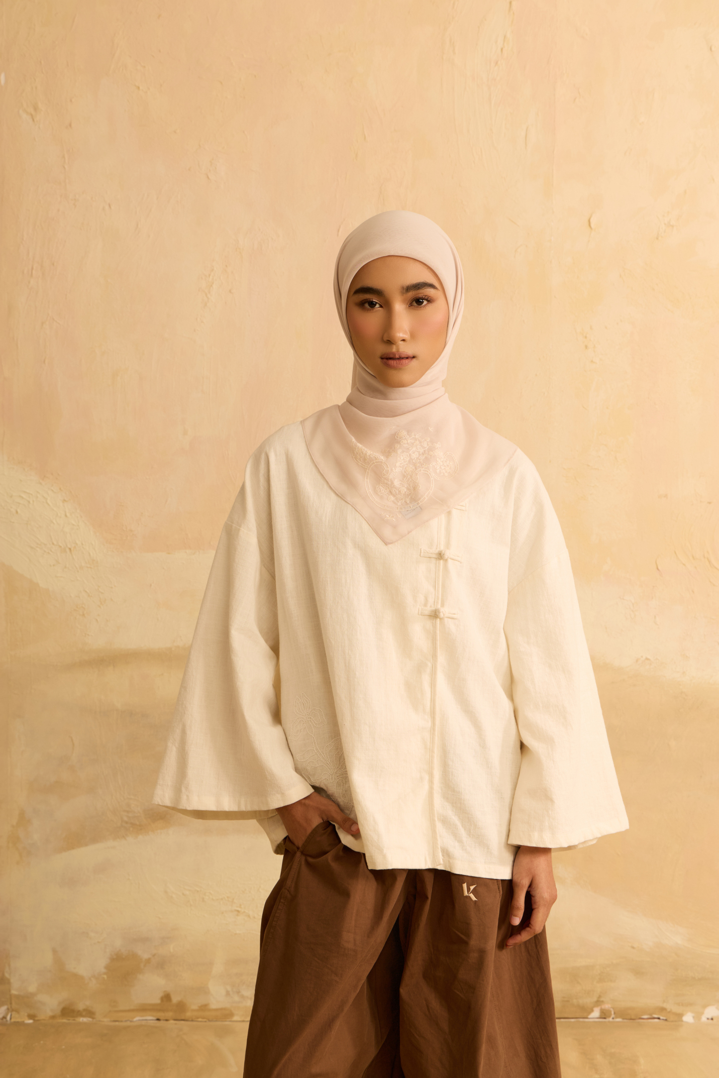 Mimpikita X Elfira Loy Enya Beige Embroidered Square Voile Scarf