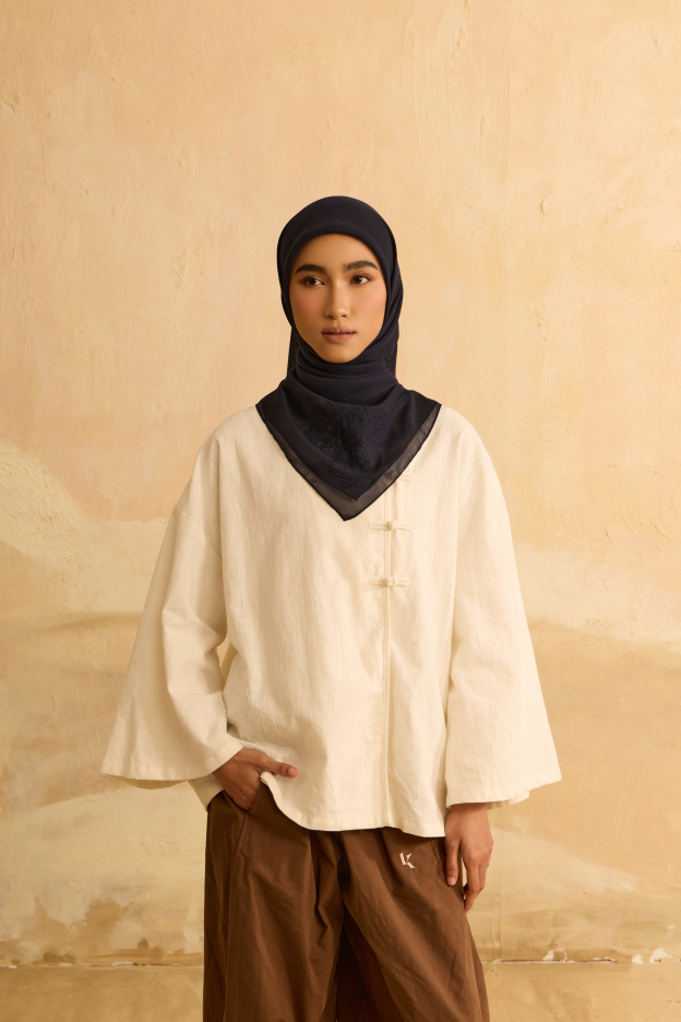 Mimpikita X Elfira Loy Enya Navy Embroidered Square Voile Scarf