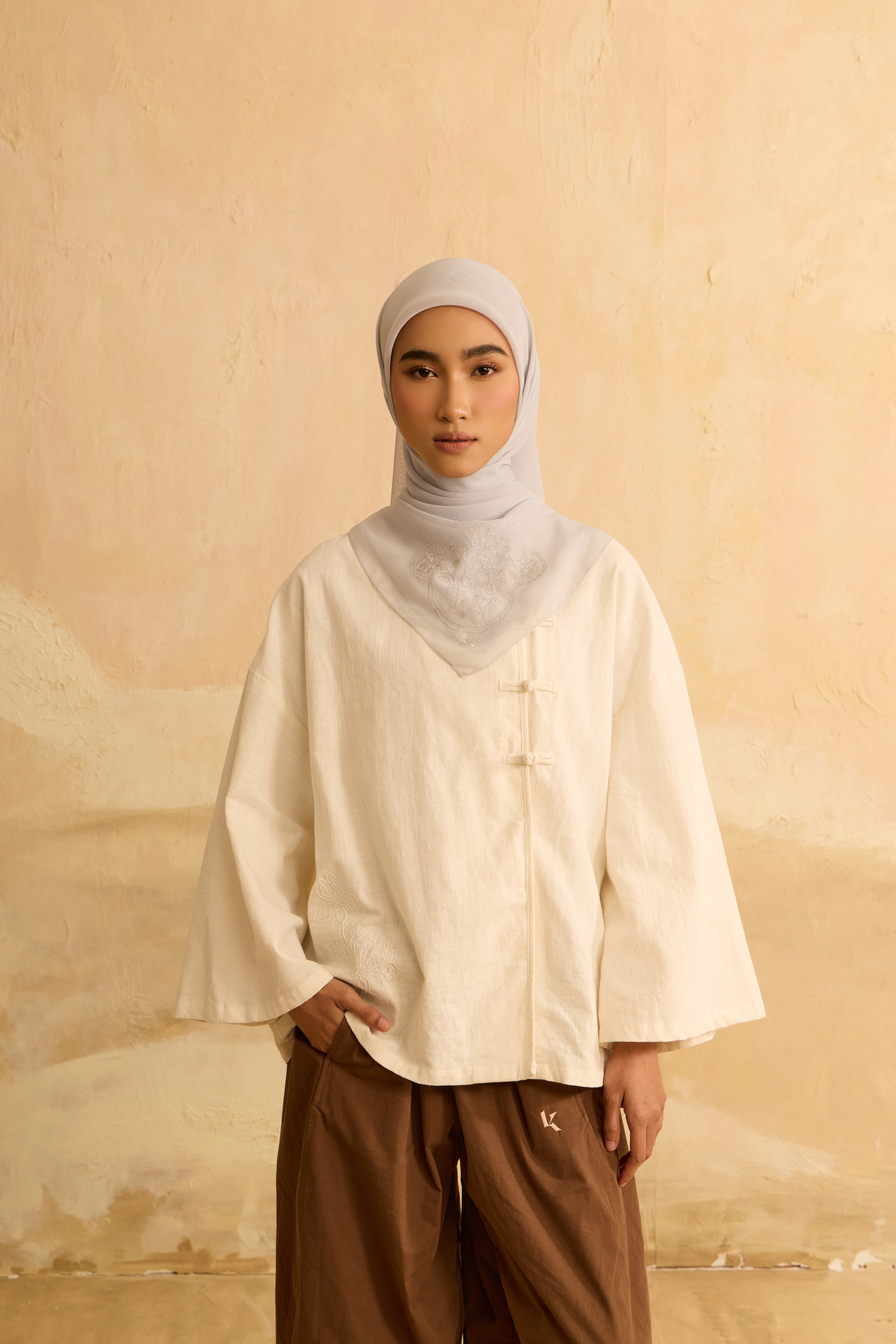 Mimpikita X Elfira Loy Enya Grey Embroidered Square Voile Scarf