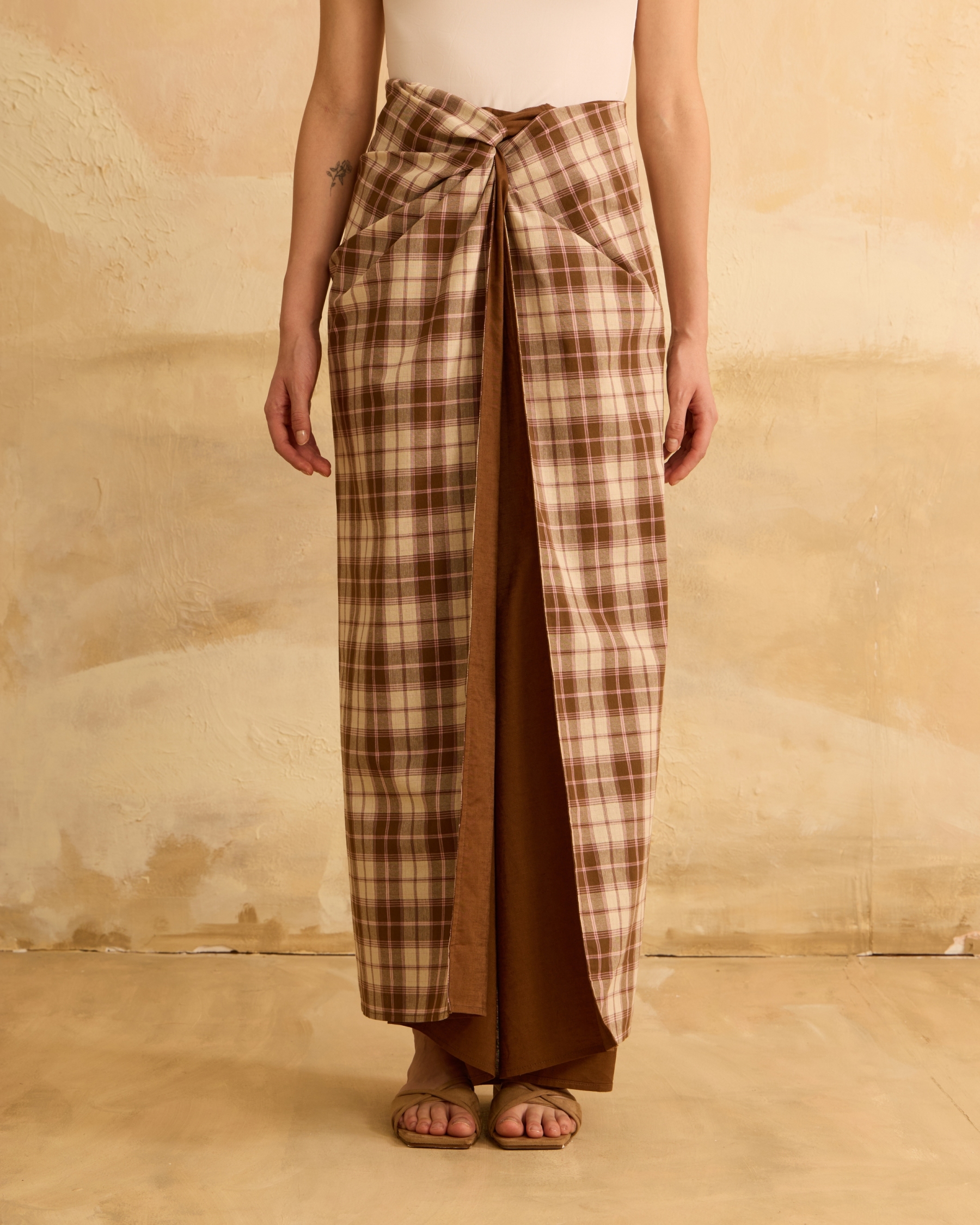 Timur Brown Plaid Instant Pareo Skirt