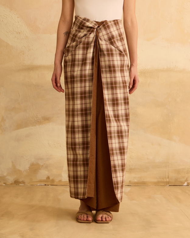 Timur Brown Plaid Instant Pareo Skirt