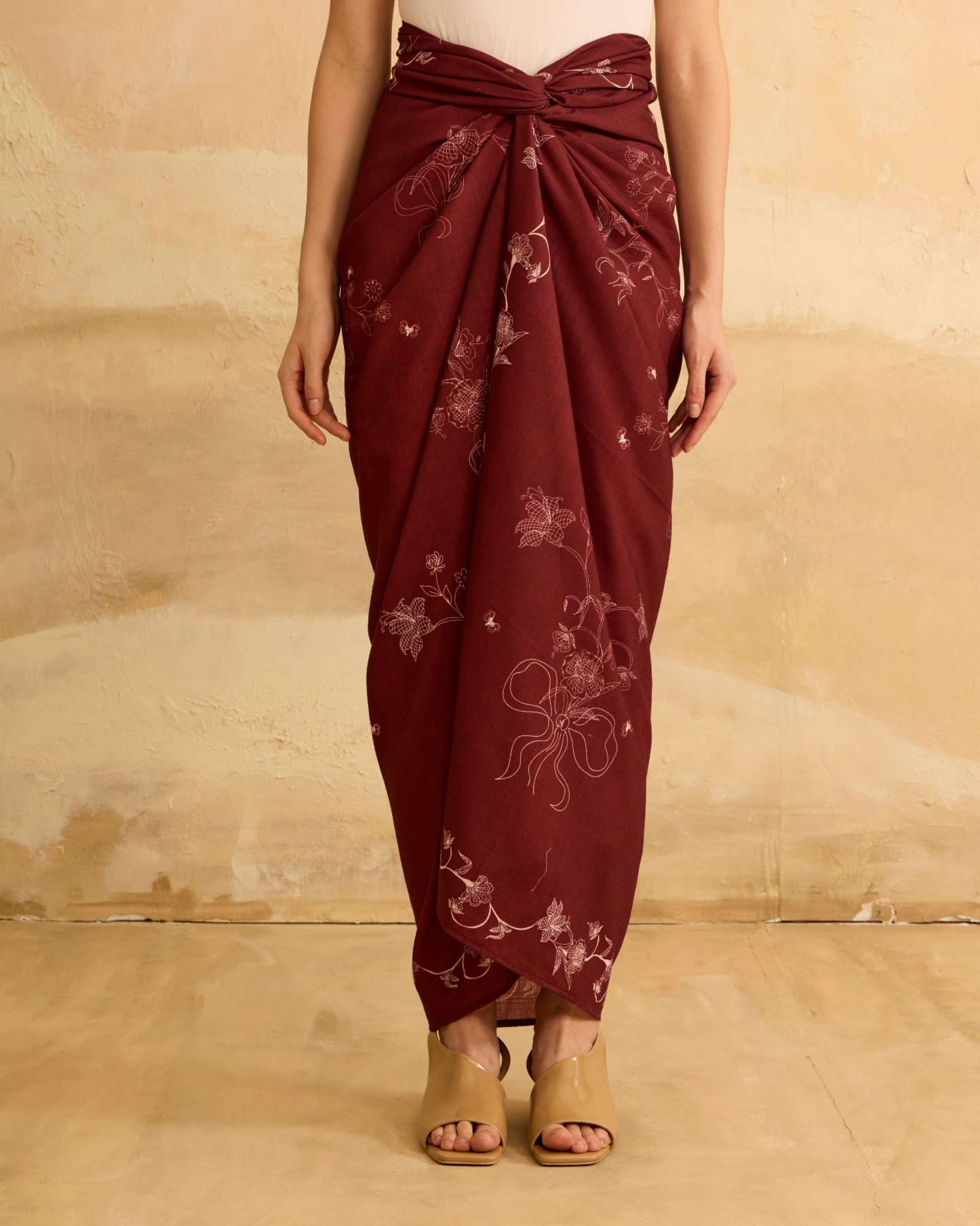 Feiha Maroon Printed Linen Pareo Skirt
