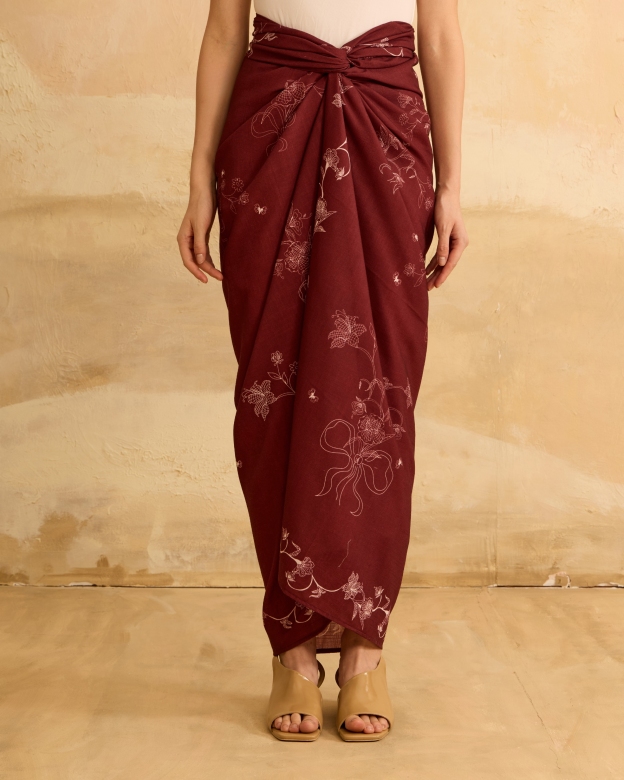 Feiha Maroon Printed Linen Pareo Skirt