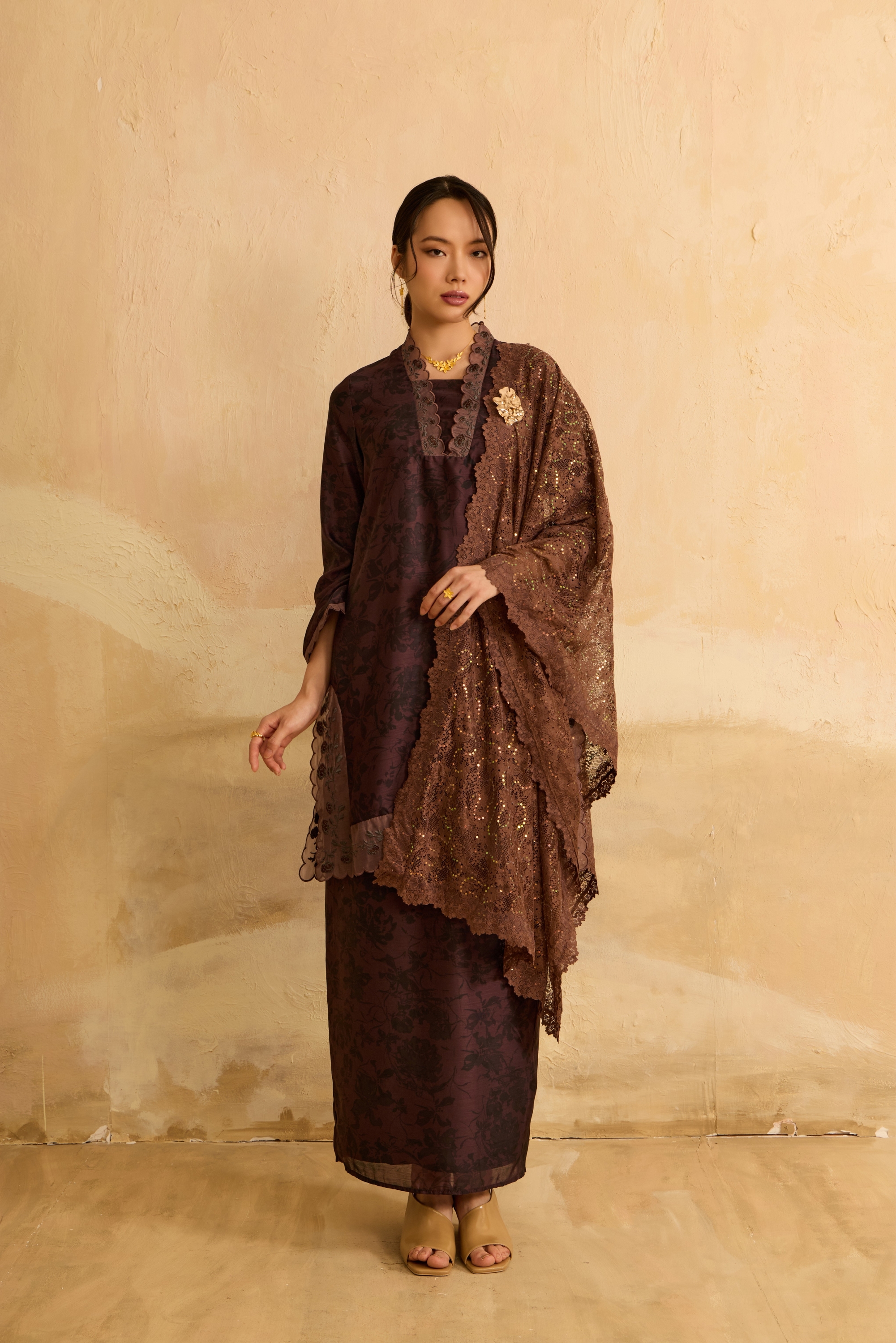 Mentari Rich Brown Printed Kurung Set