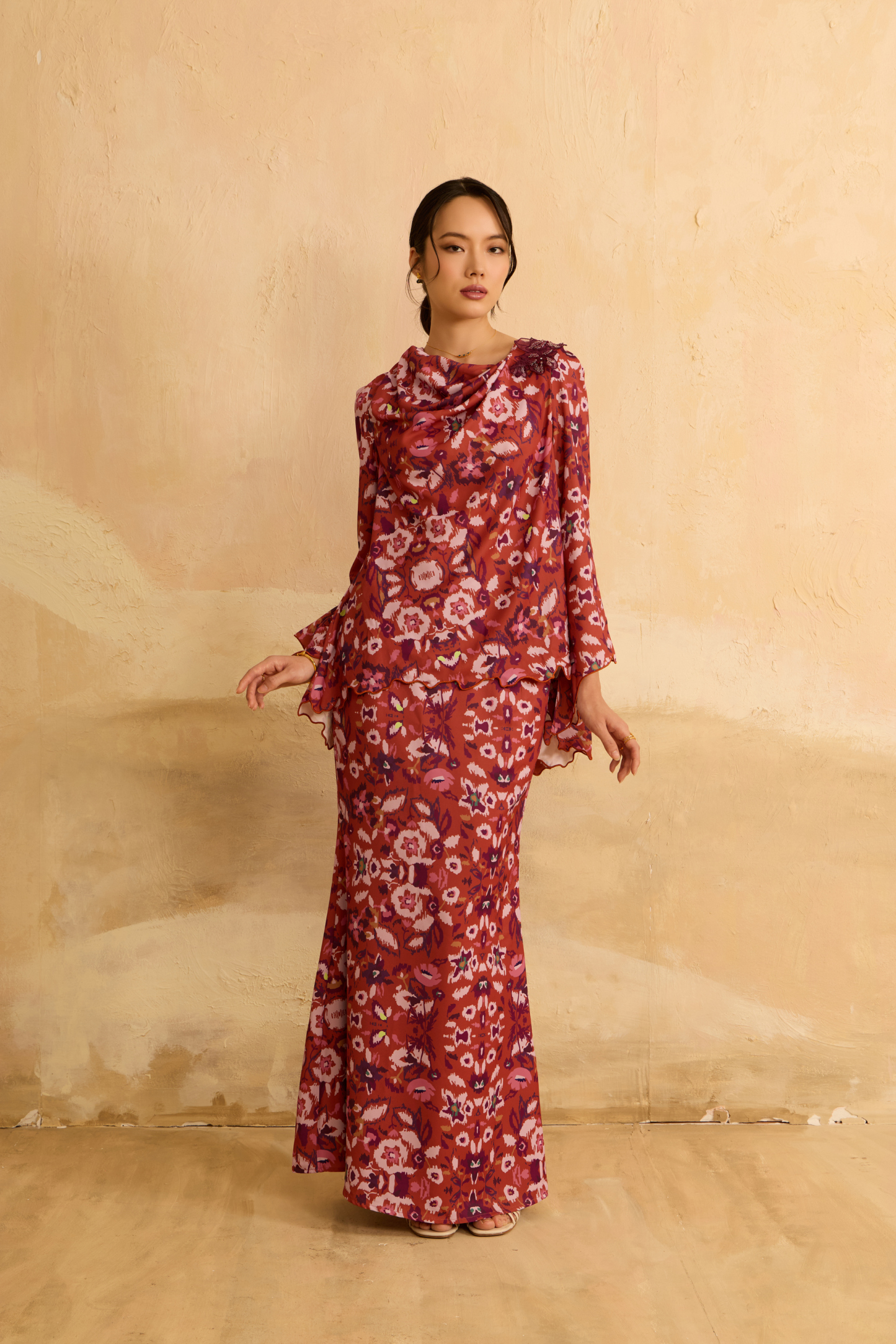 Raisa Brick Orange Abstract Draped Kurung