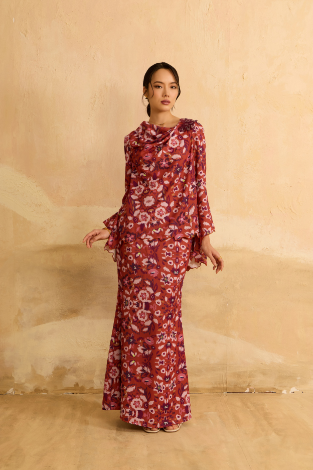 Raisa Brick Orange Abstract Draped Kurung