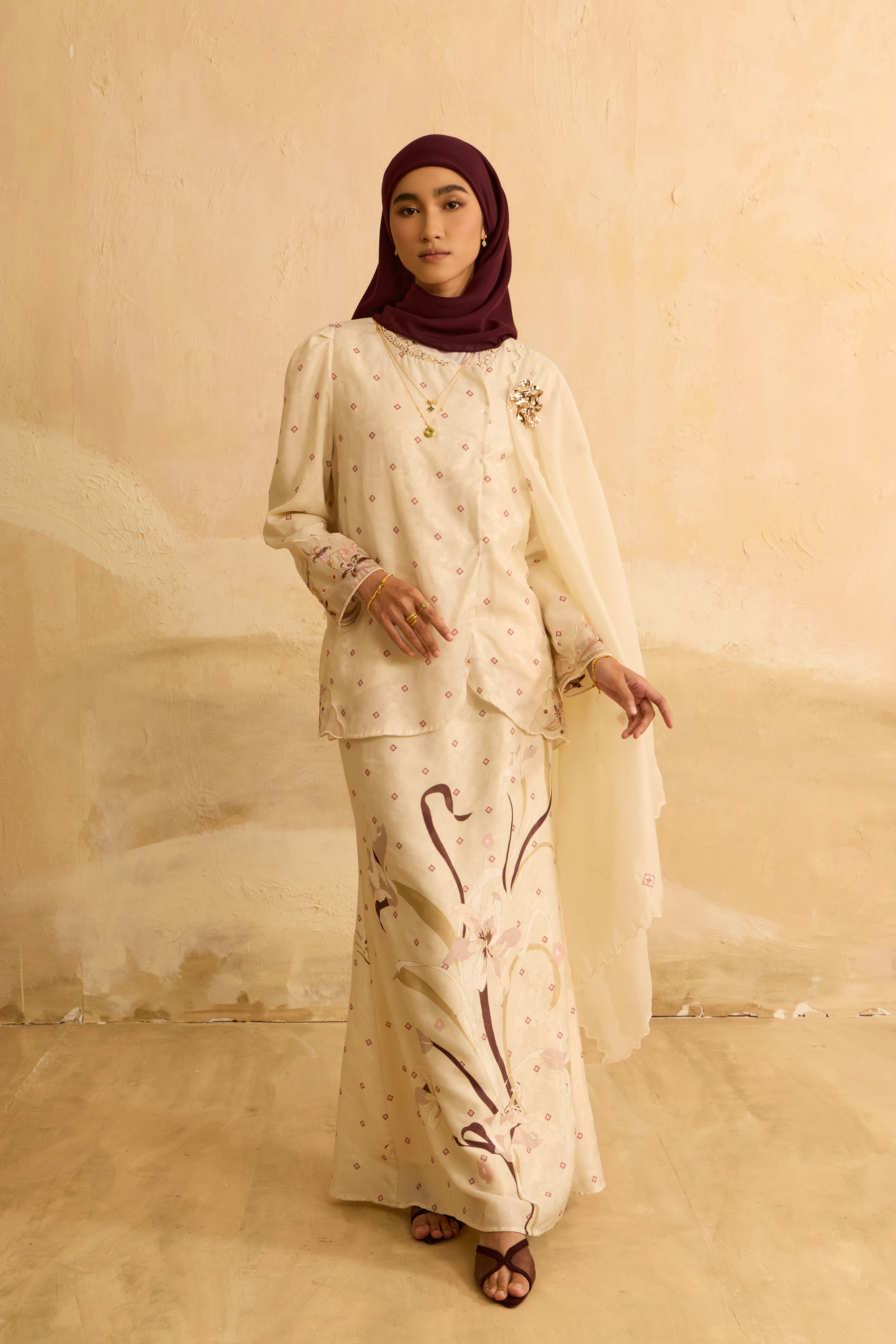 Laili Champagne Asymmetric Kurung Set