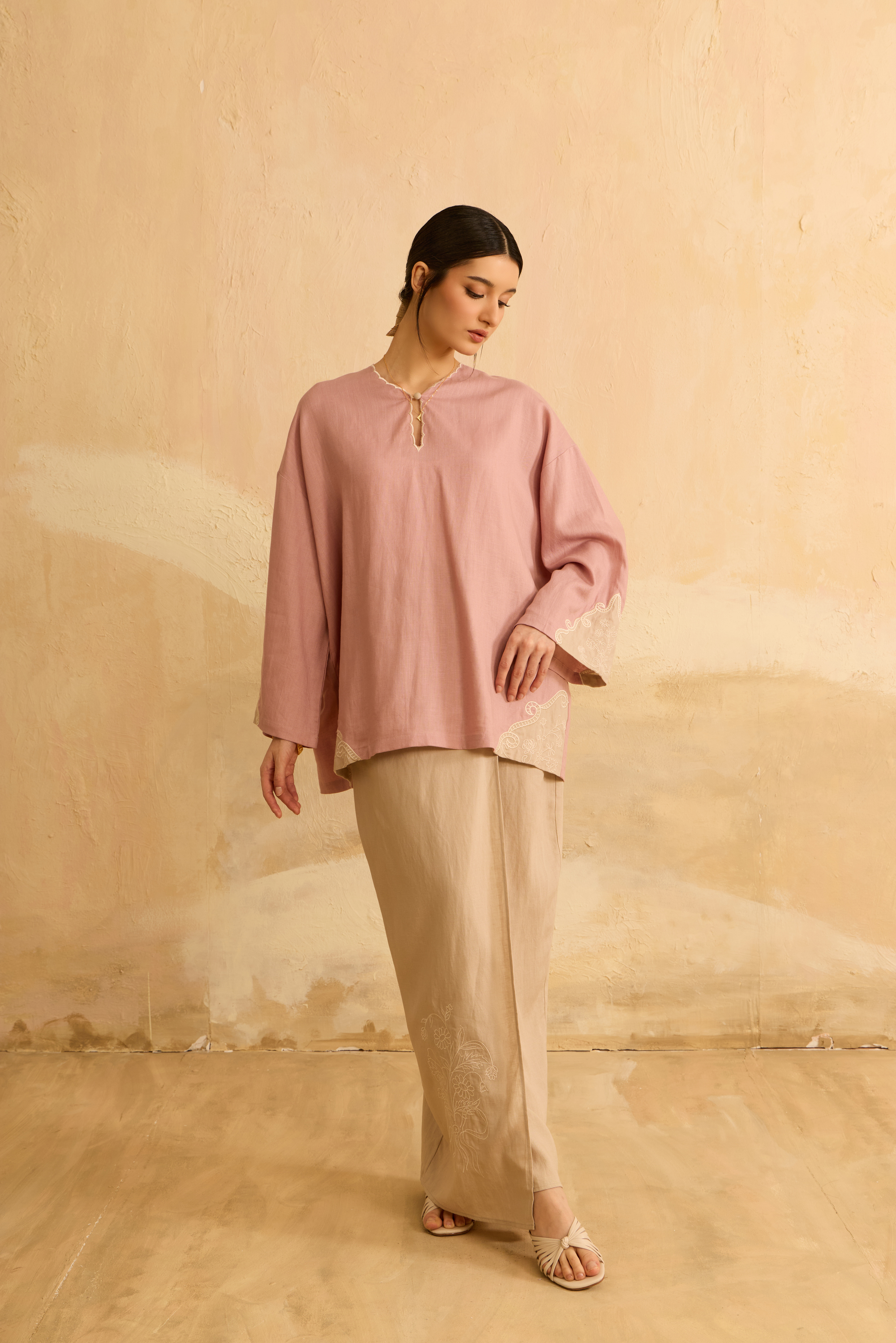 Naima Soft Pink Embroidered Kedah Modern Kurung