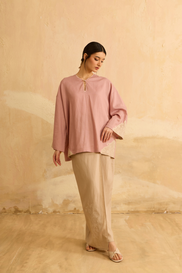 Naima Soft Pink Embroidered Kedah Modern Kurung