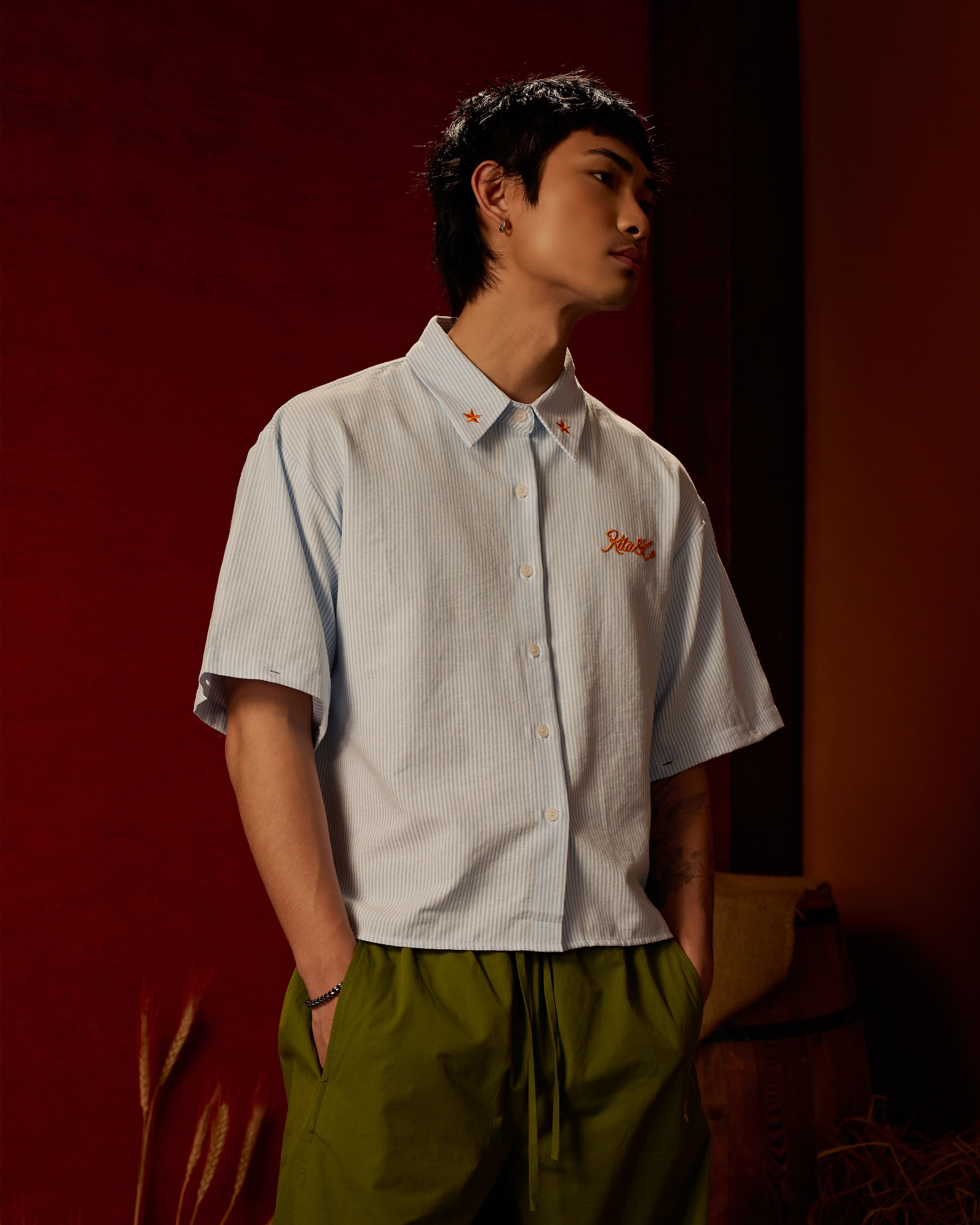 Boxy Detachable-Sleeves Striped Shirt