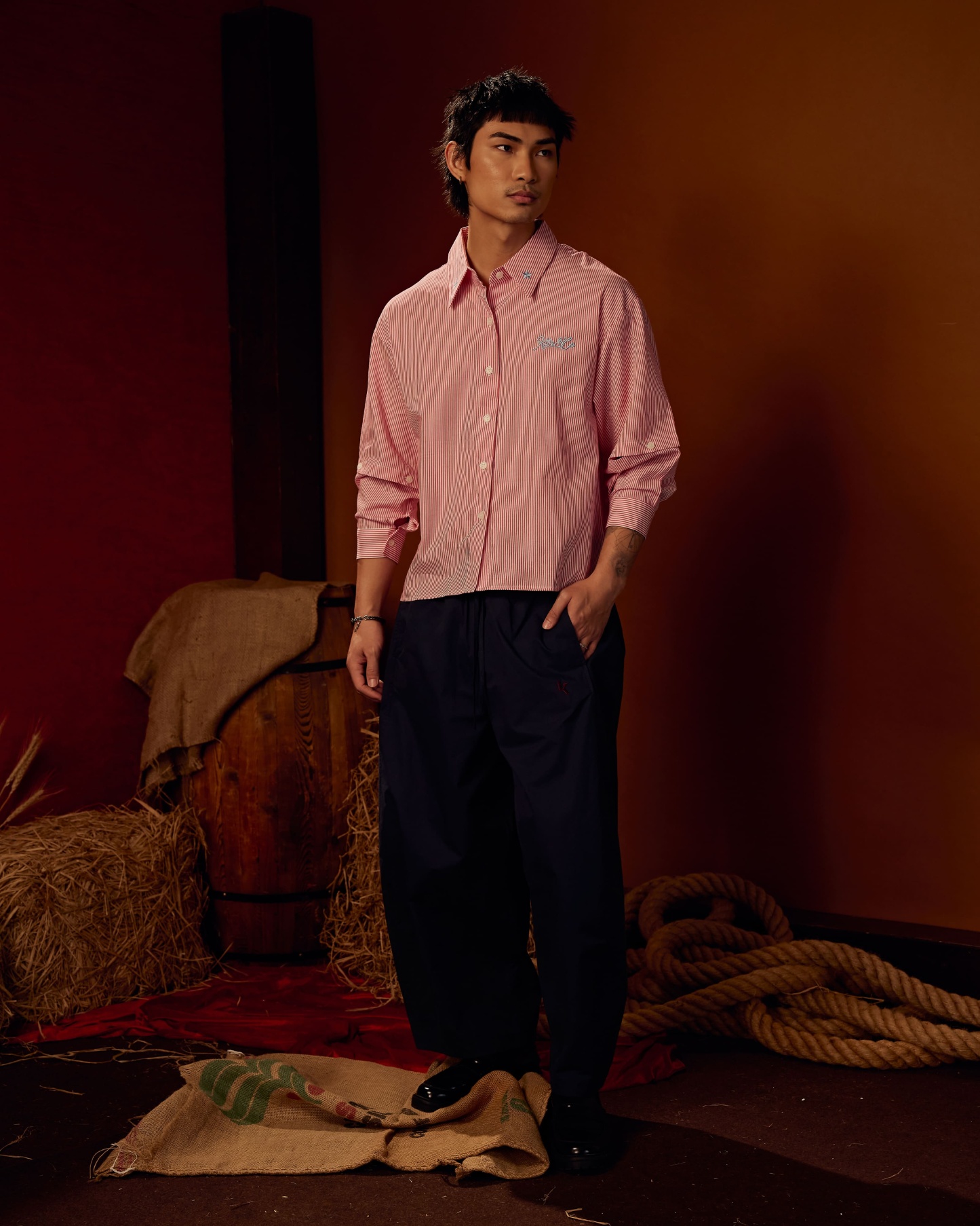 Boxy Detachable-Sleeves Striped Shirt