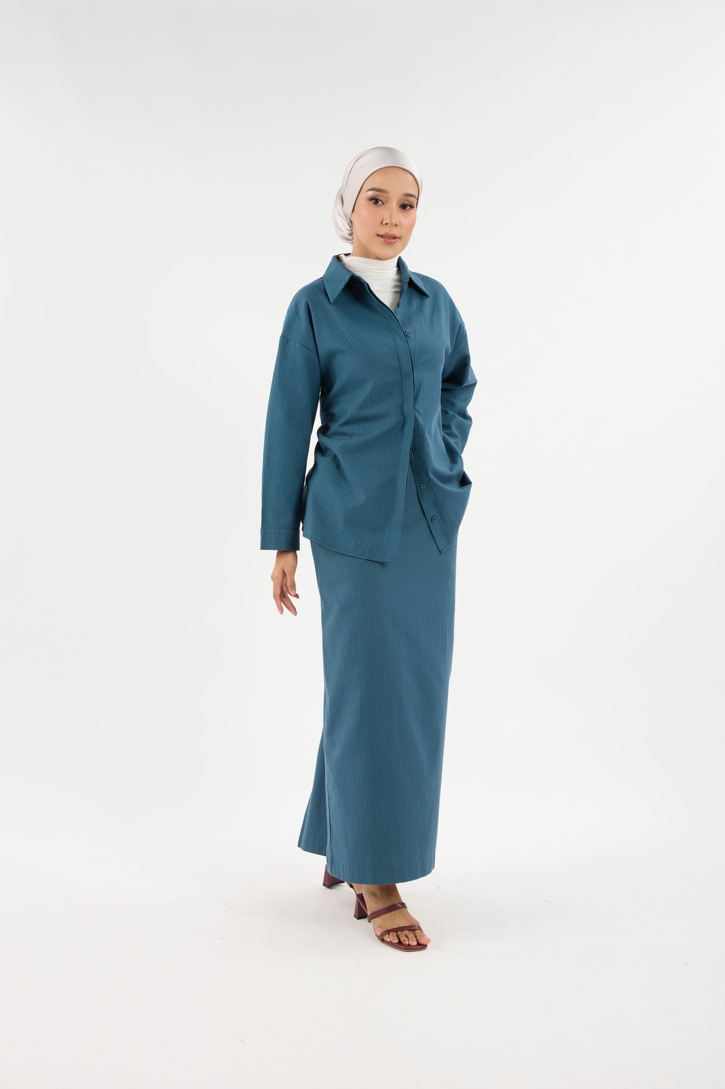 Harmoni Teal Blue Striped Linen Shirt