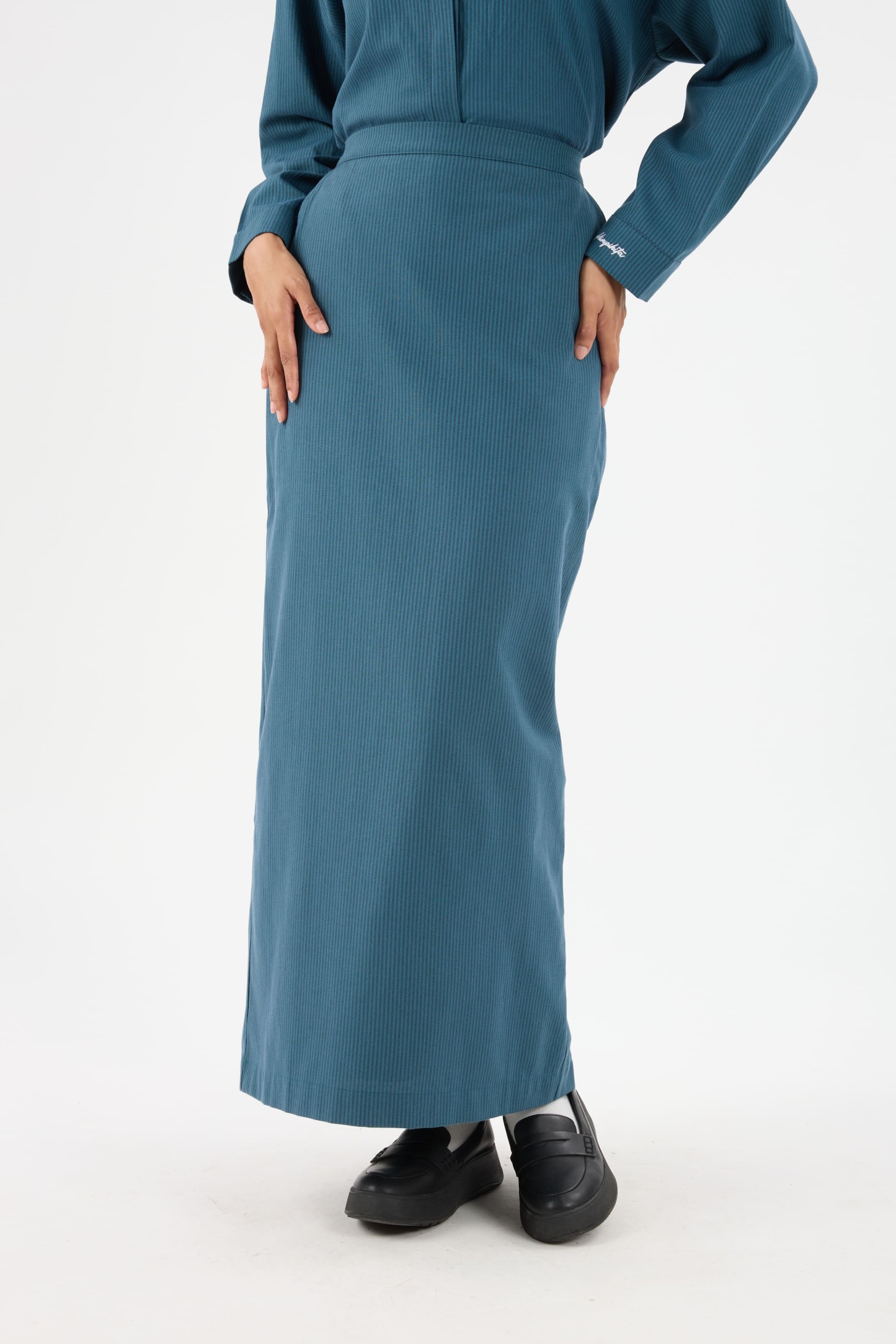 Harmoni Teal Blue Striped Linen Skirt