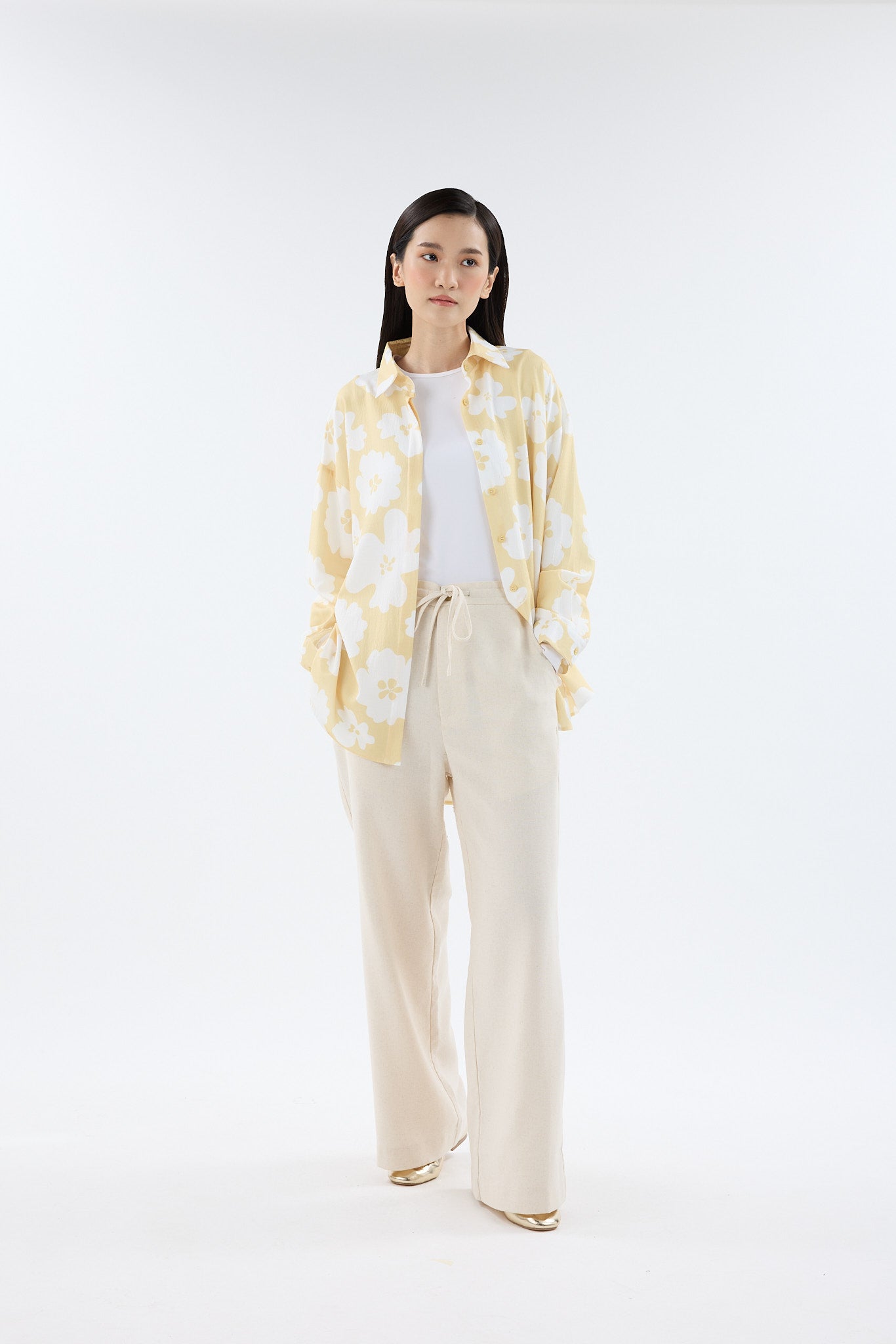 Fiora Butter Yellow Printed Oversized Shirt