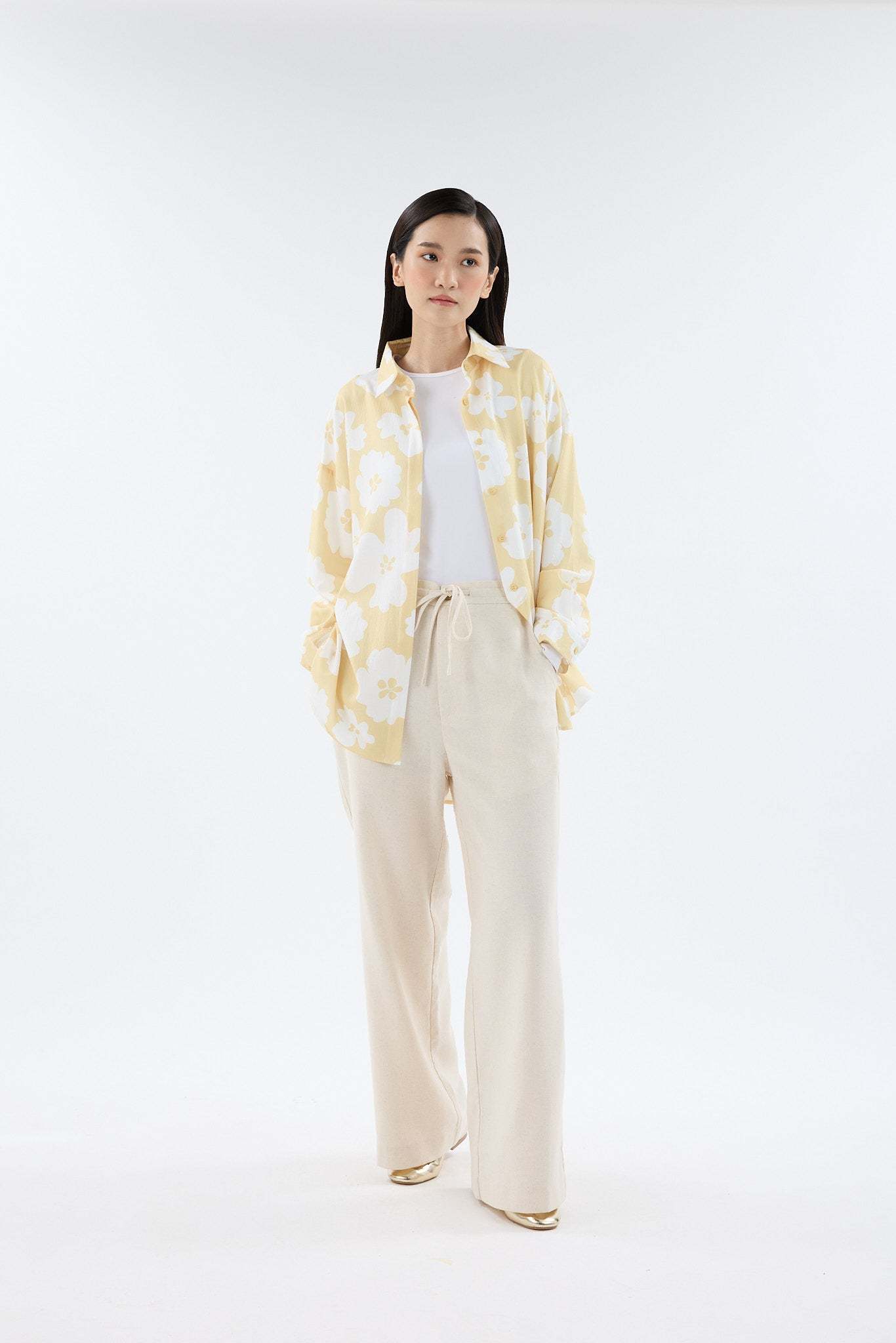 Fiora Butter Yellow Printed Oversized Shirt