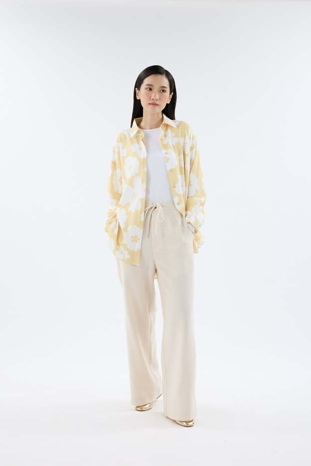 Fiora Butter Yellow Printed Oversized Shirt