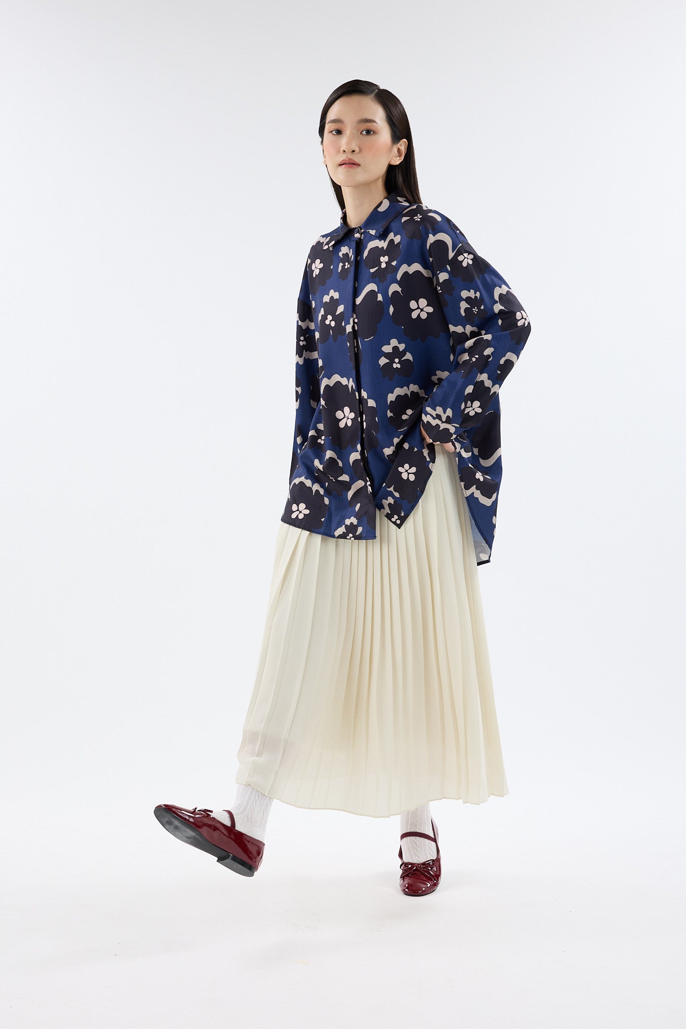Fiora Navy Blue Printed Oversized Shirt