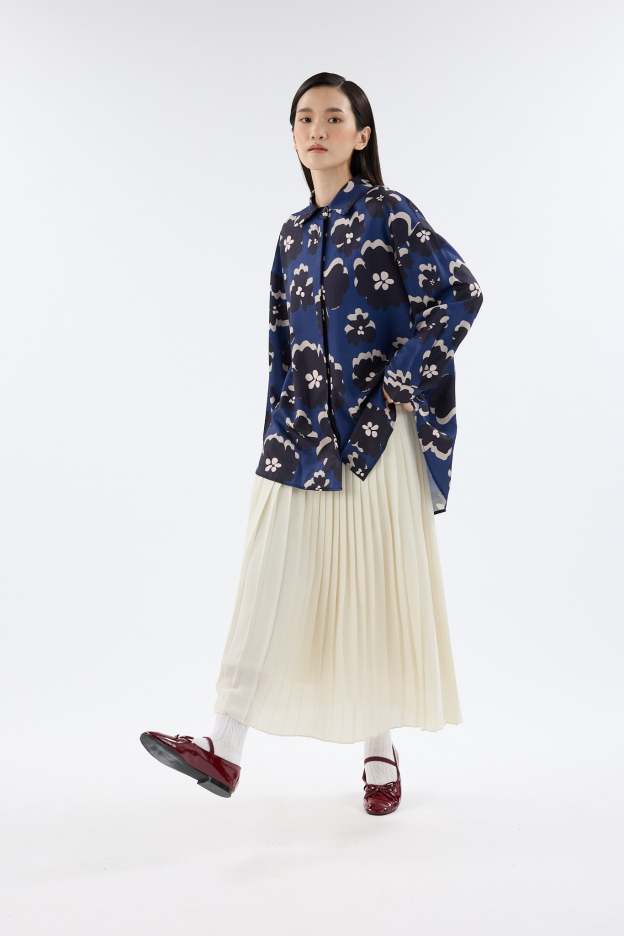 Fiora Navy Blue Printed Oversized Shirt