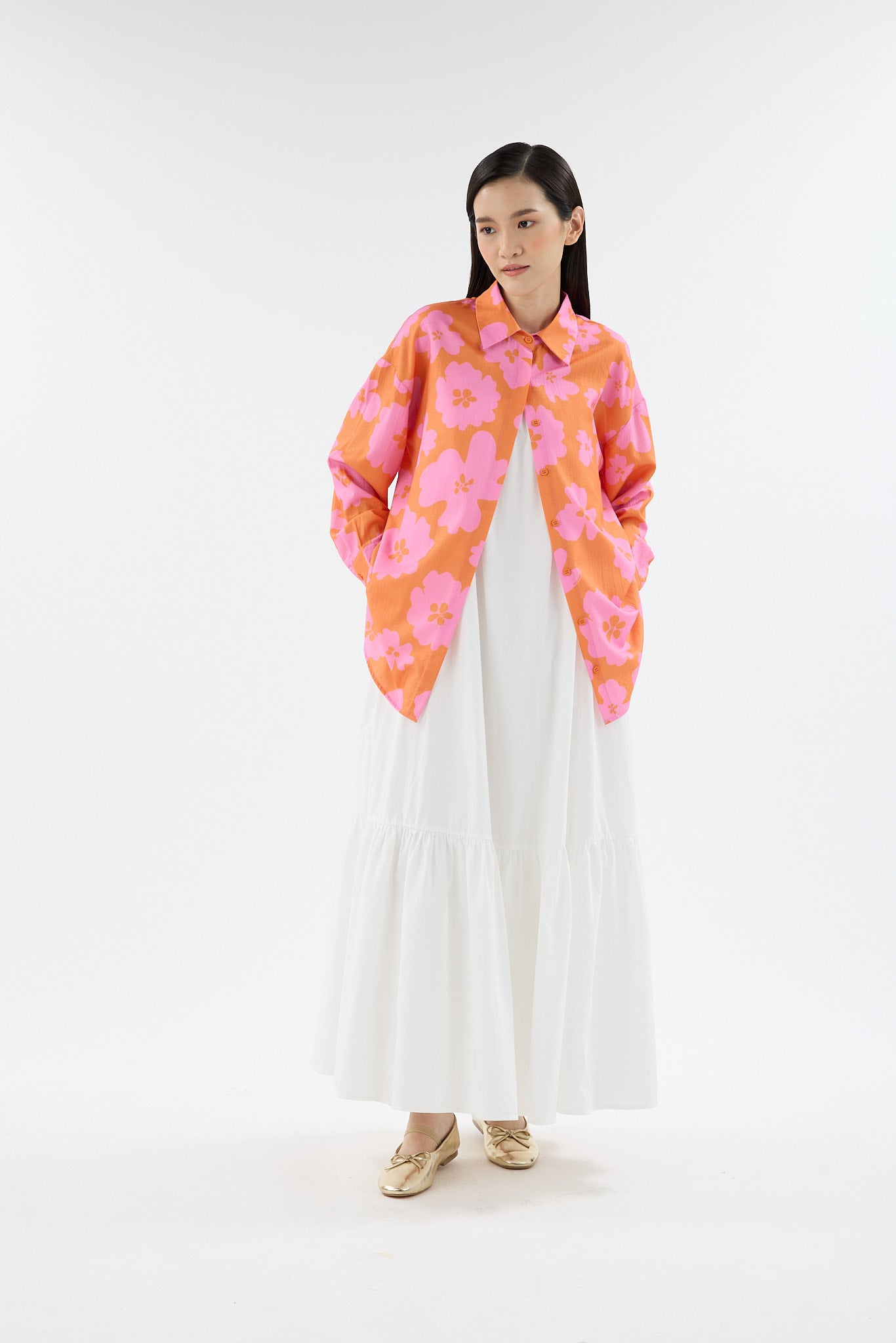 Fiora Orange Printed Oversized Shirt