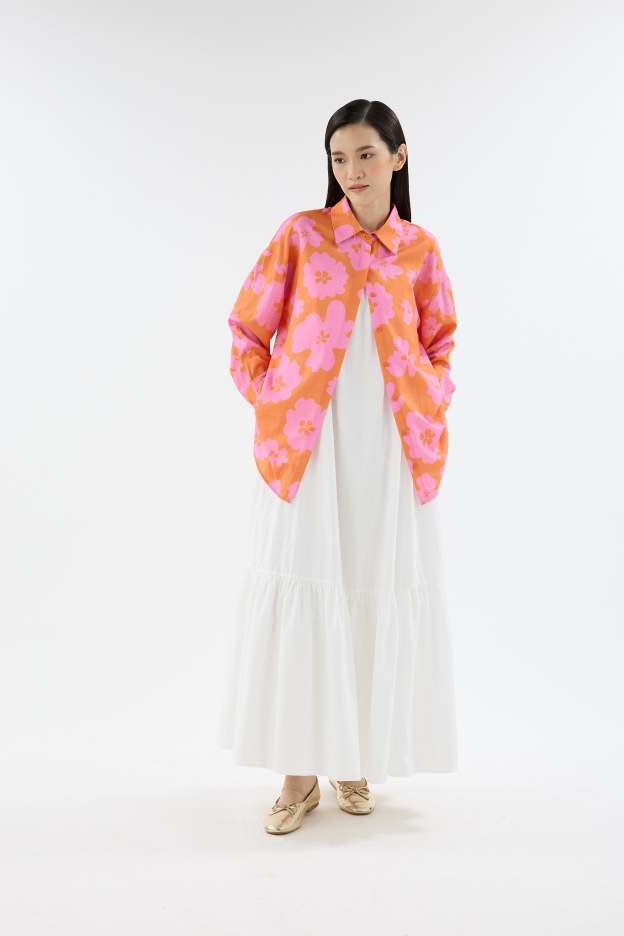 Fiora Orange Printed Oversized Shirt