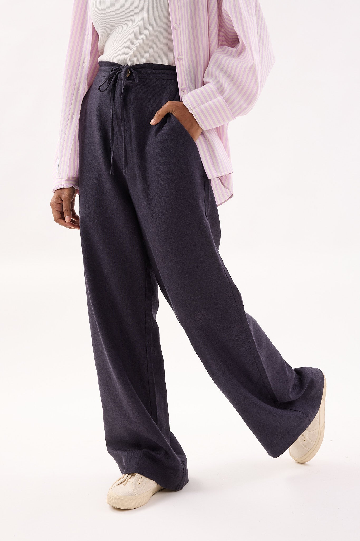 Dark Navy Blue Linen Wide Leg Pants - Women's