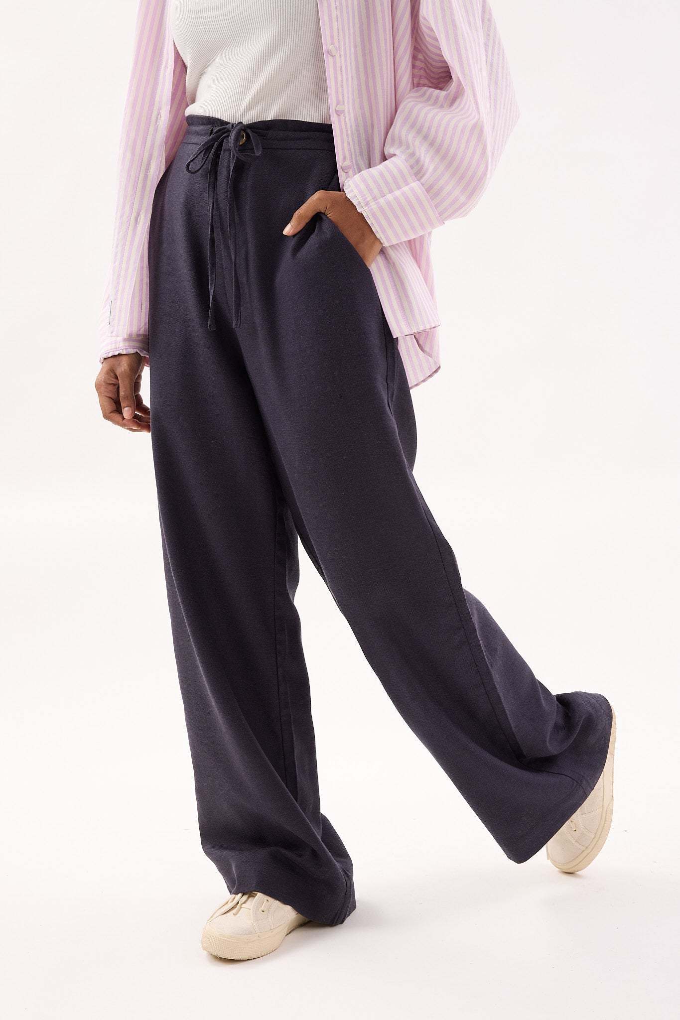 Dark Navy Blue Linen Wide Leg Pants - Women's