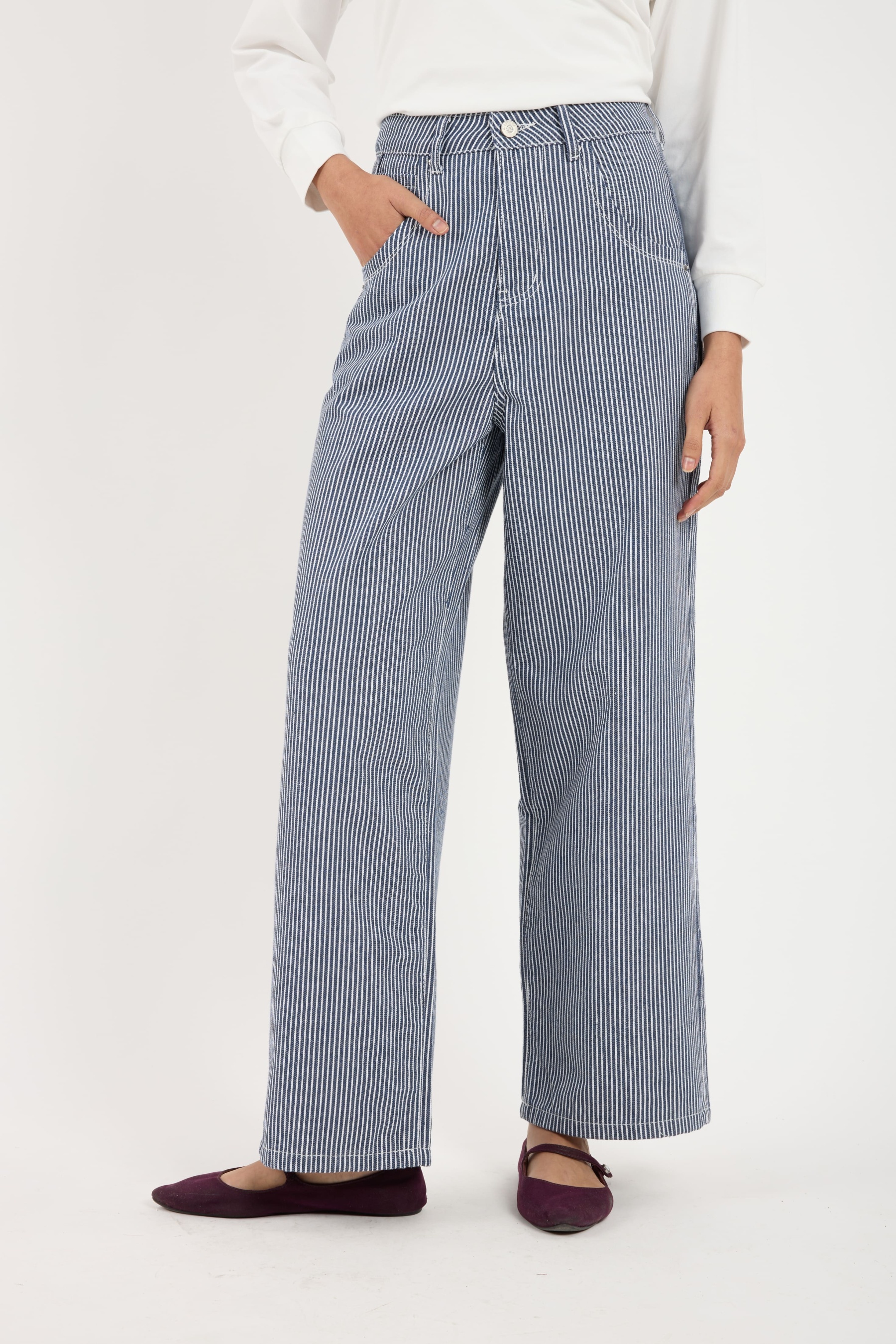 Lara Navy Stripes Wide Straight Jeans