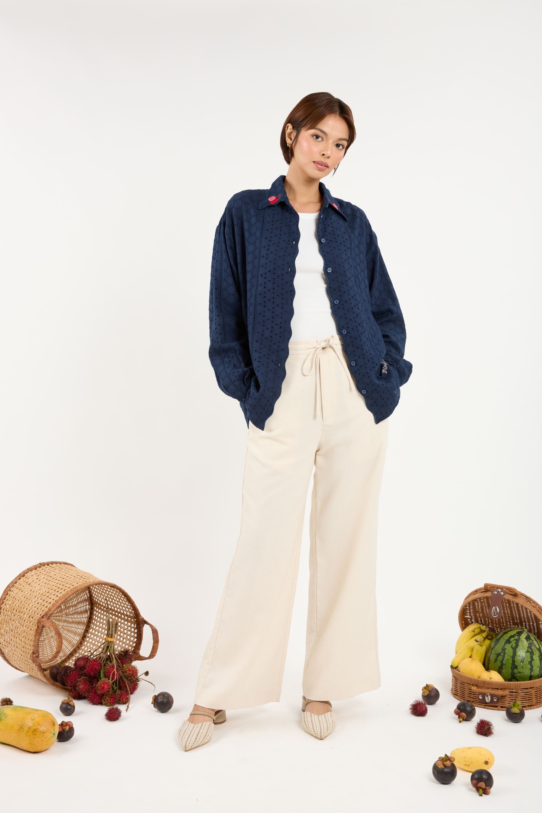 Tropika Navy Blue Textured Embroidered Shirt