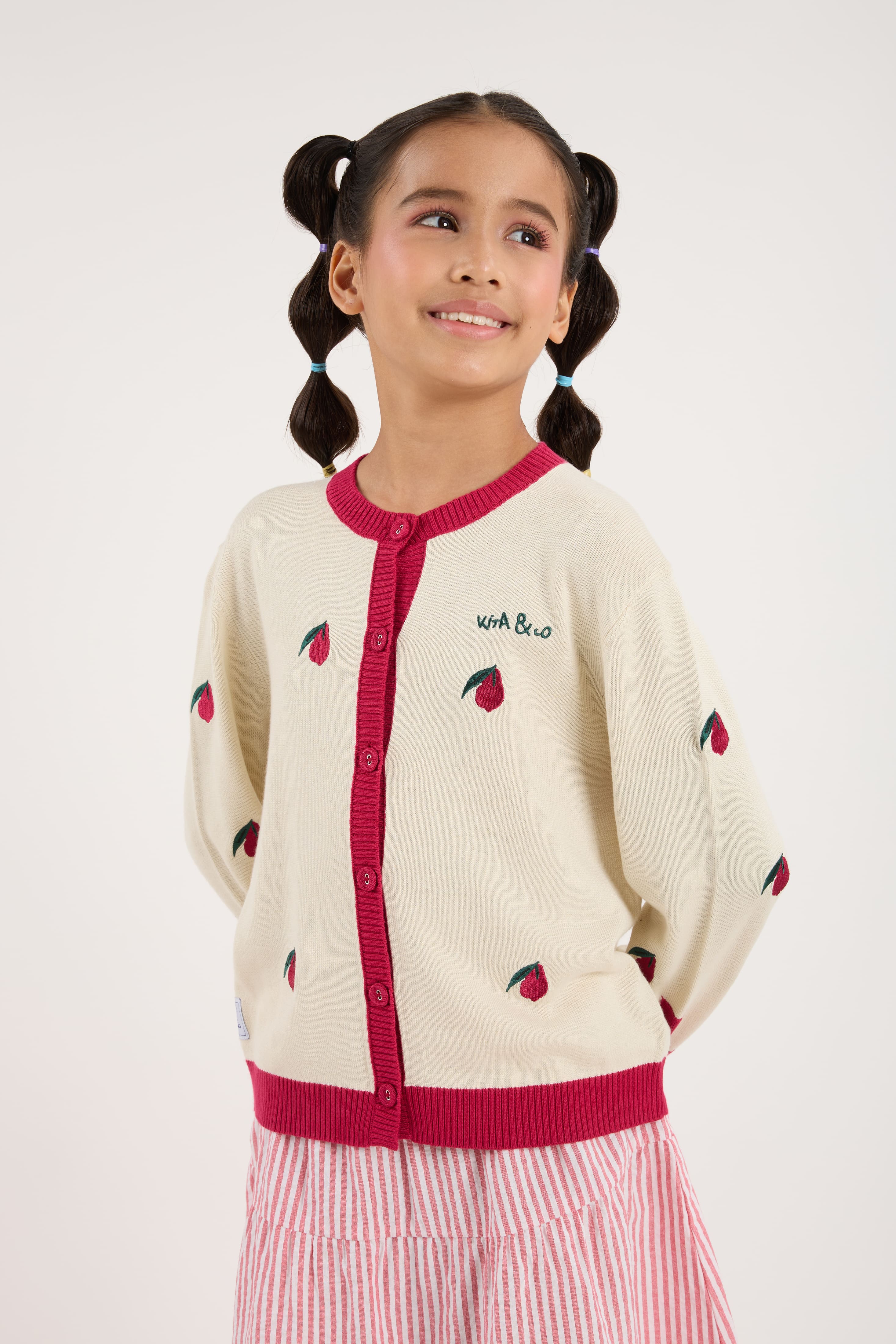 Cream White-Maroon Mini Crew Neck Knitted Cardigan - Girls