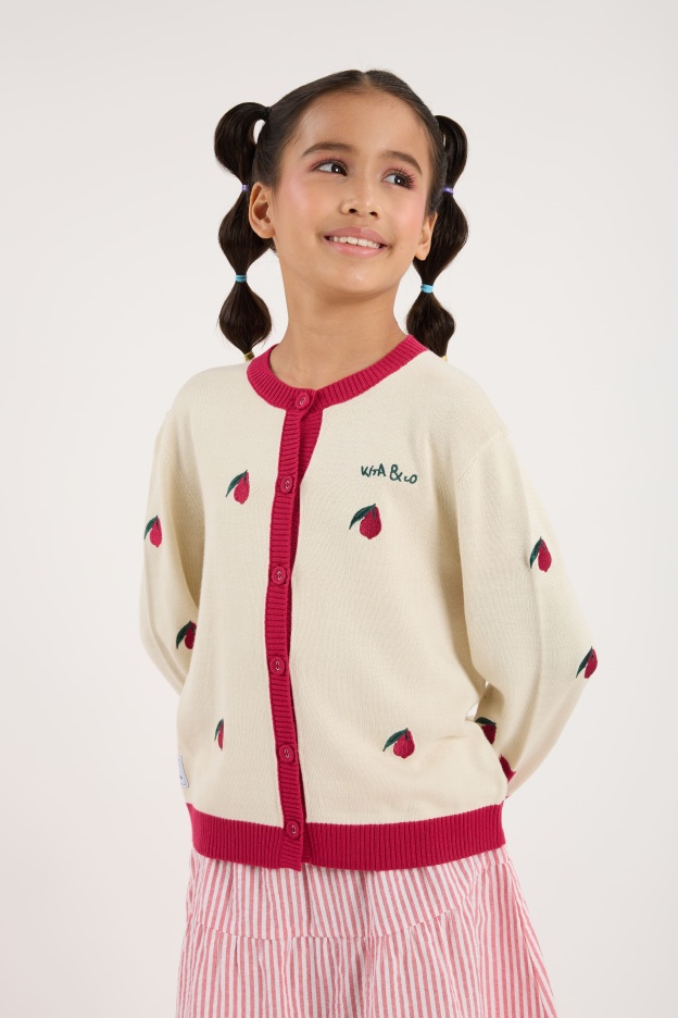 Cream White-Maroon Mini Crew Neck Knitted Cardigan - Girls