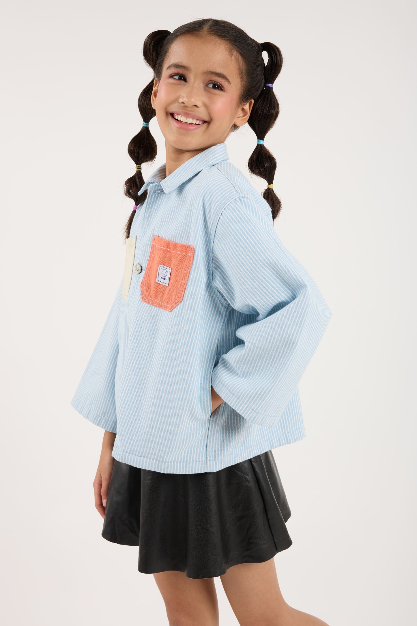 Light Blue Stripes Mini Oversized Denim Shirt - Kids