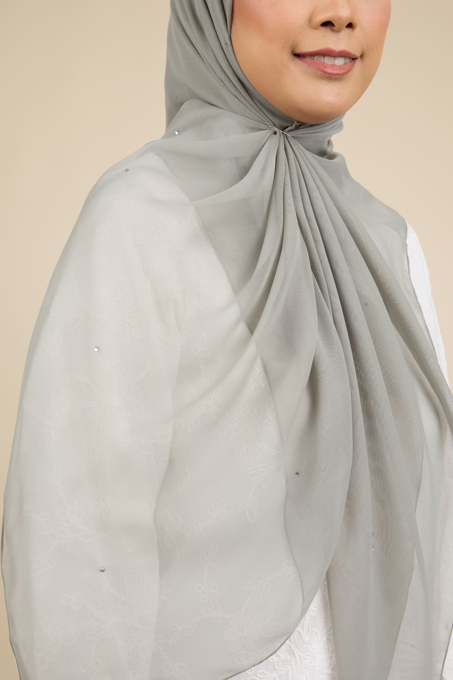 Almas Sage Green Rhinestone Square Voile Scarf