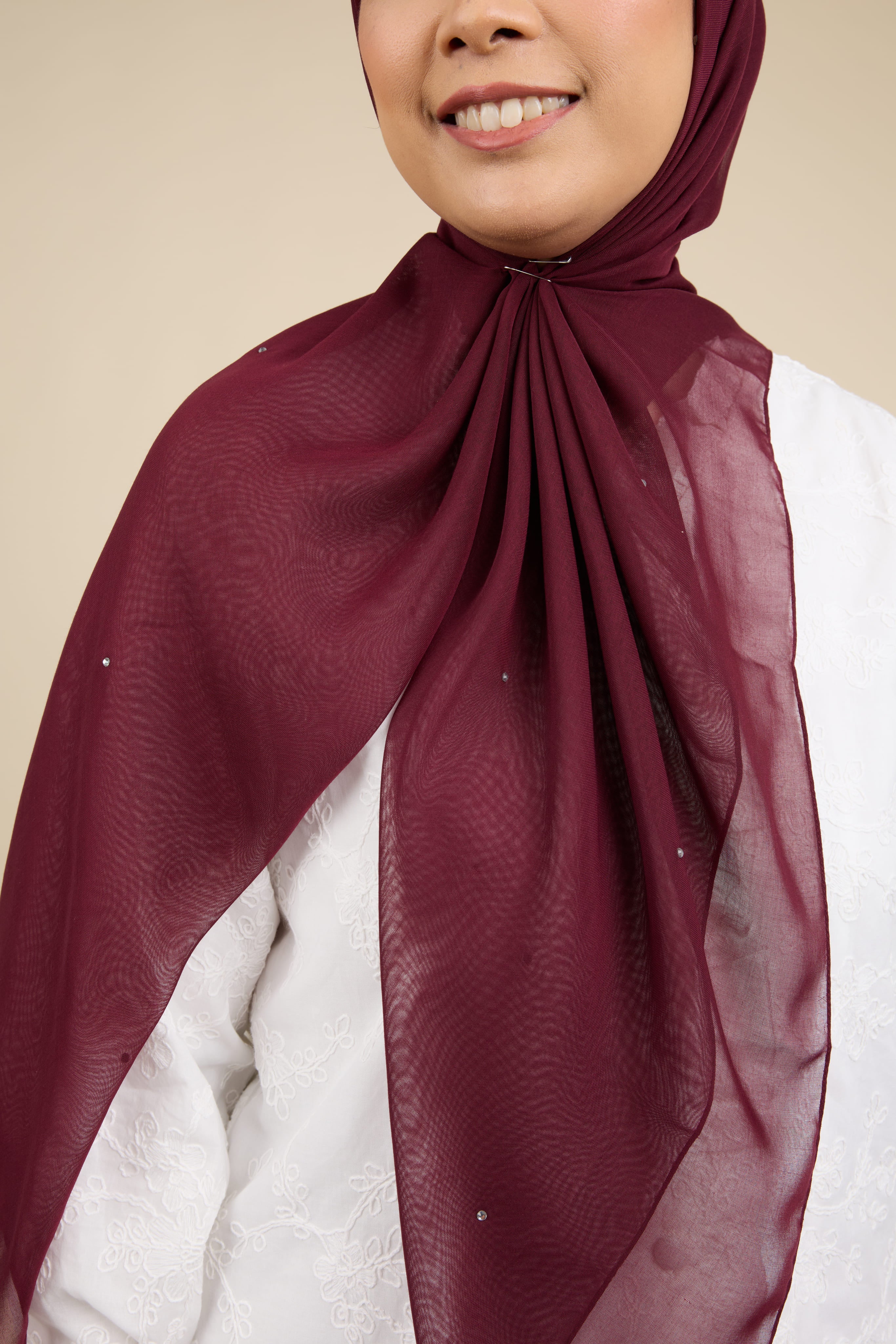 Almas Burgundy Rhinestone Square Voile Scarf