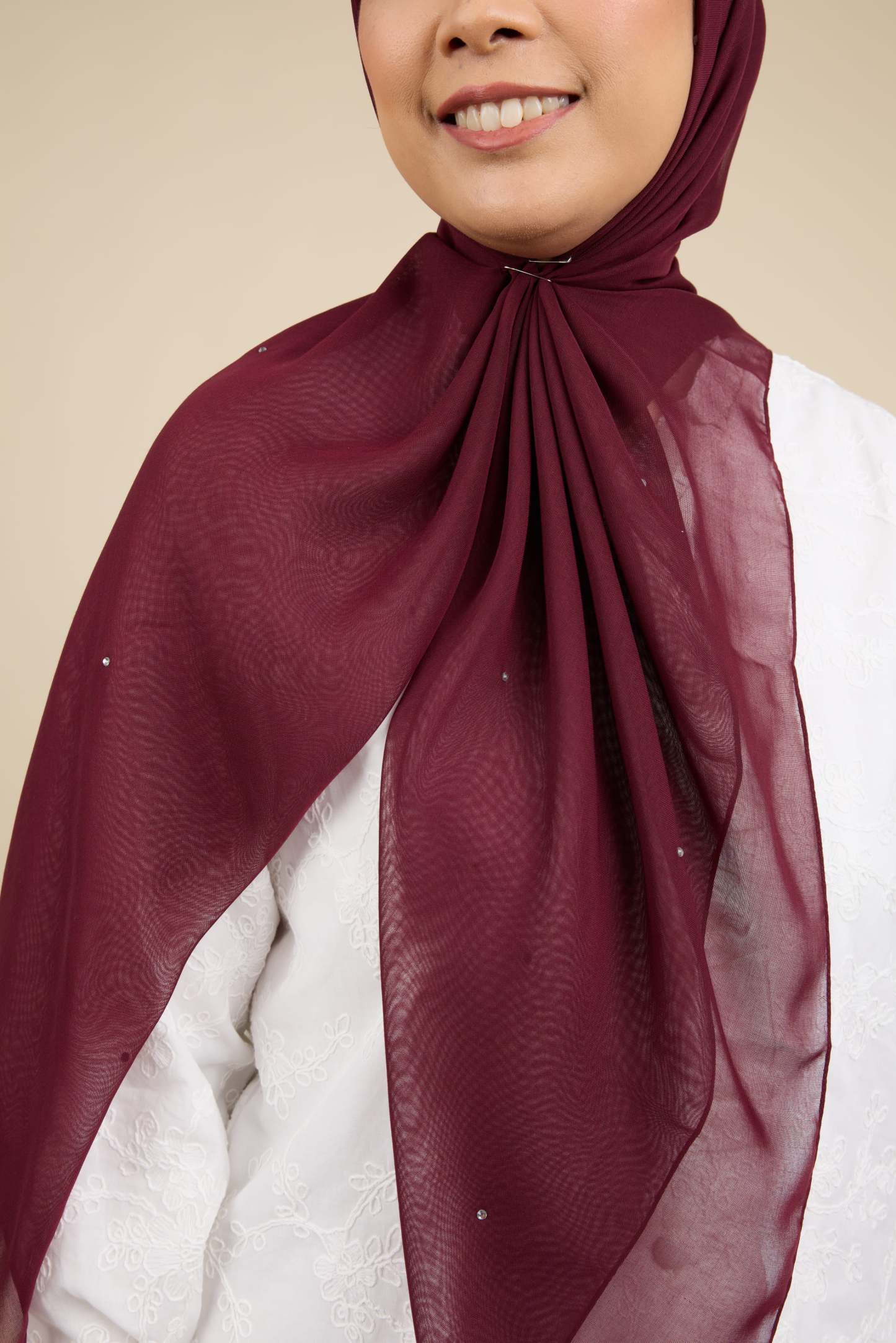 Almas Burgundy Rhinestone Square Voile Scarf