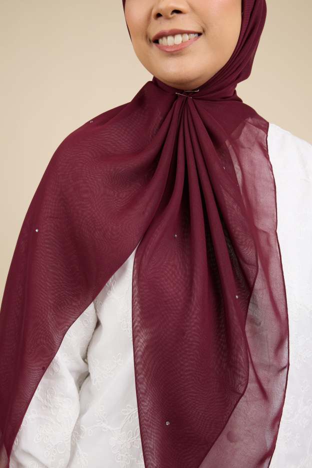 Almas Burgundy Rhinestone Square Voile Scarf