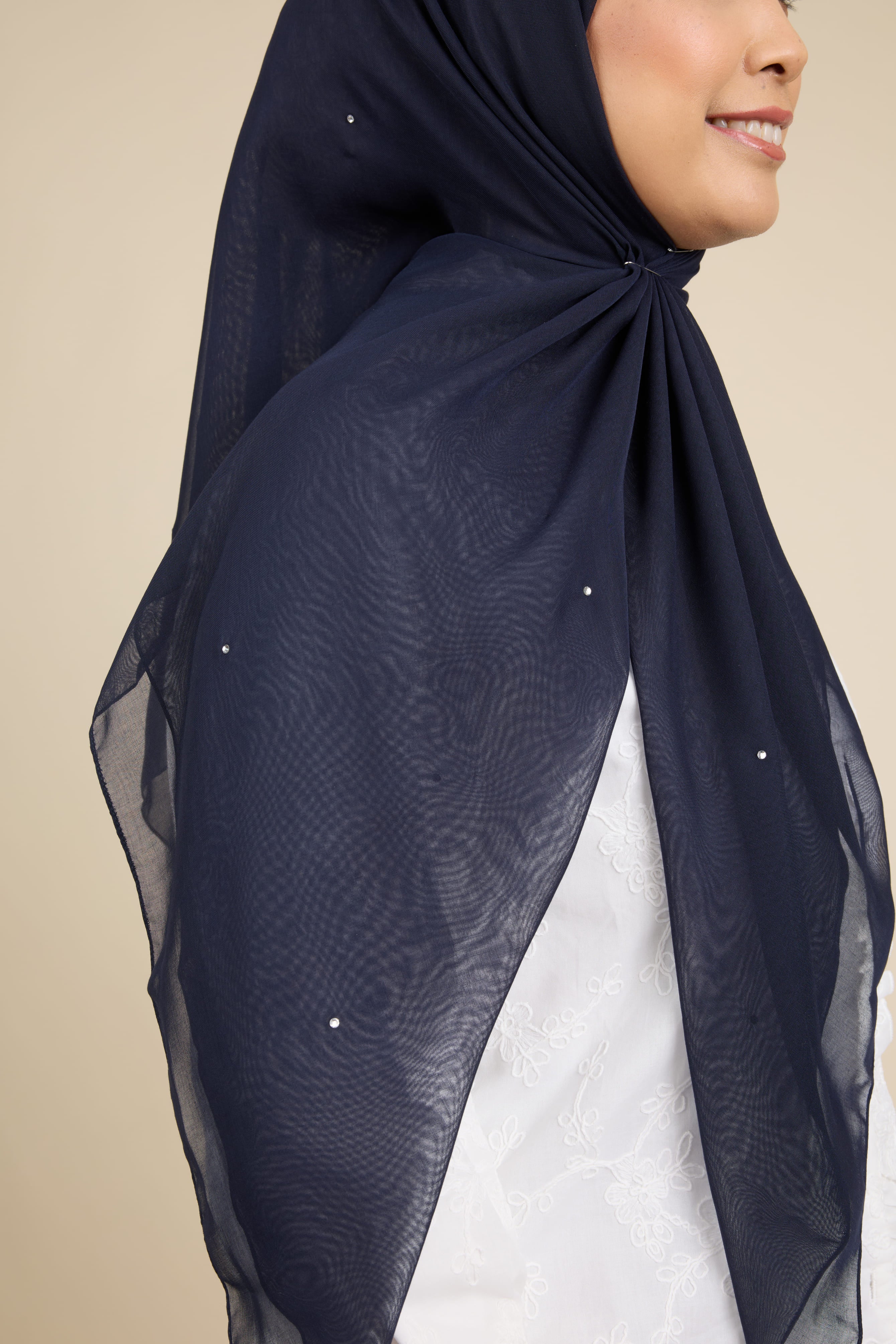 Almas Deep Navy Rhinestone Square Voile Scarf