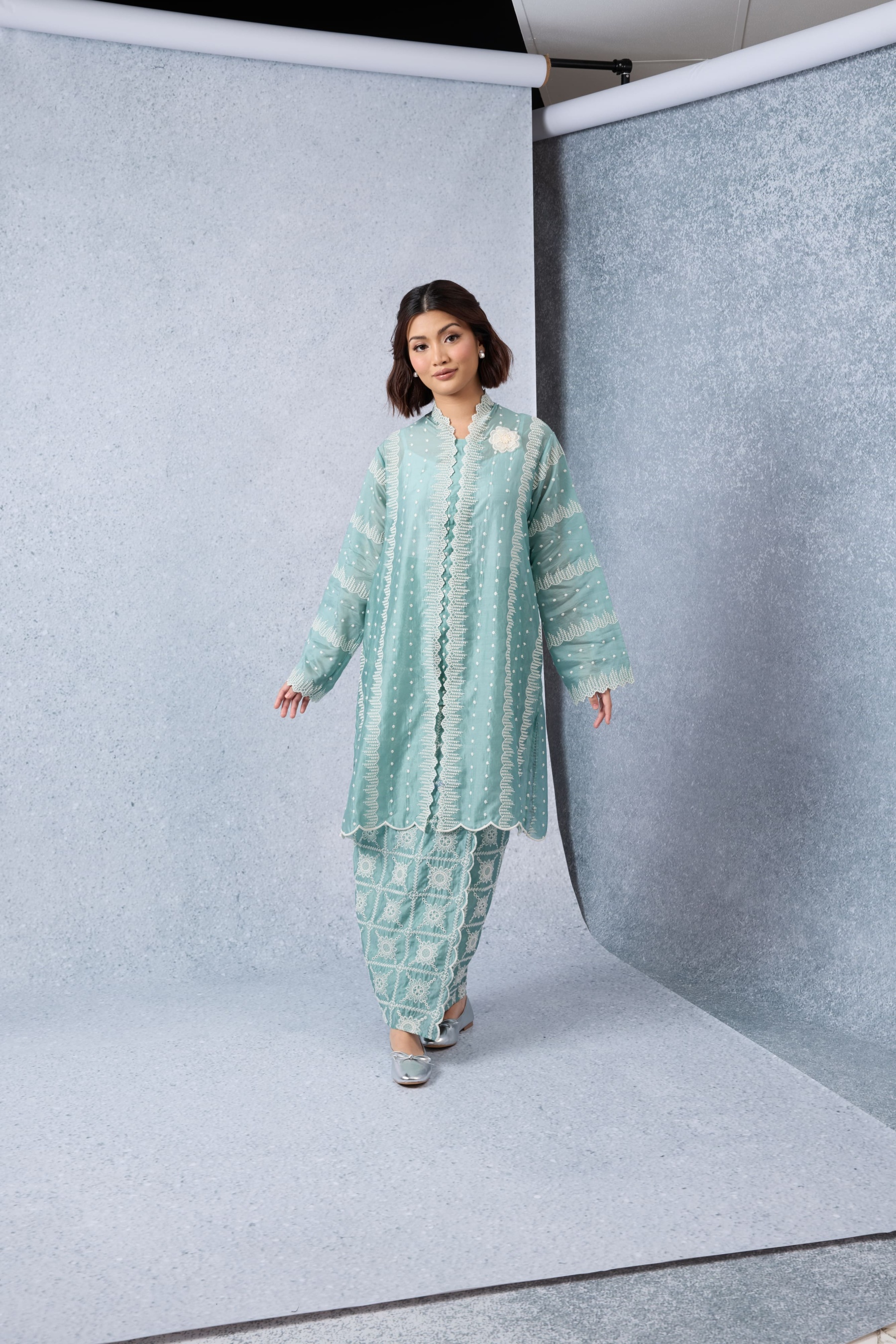 Sinar Teal Green Embroidered Kebaya Set