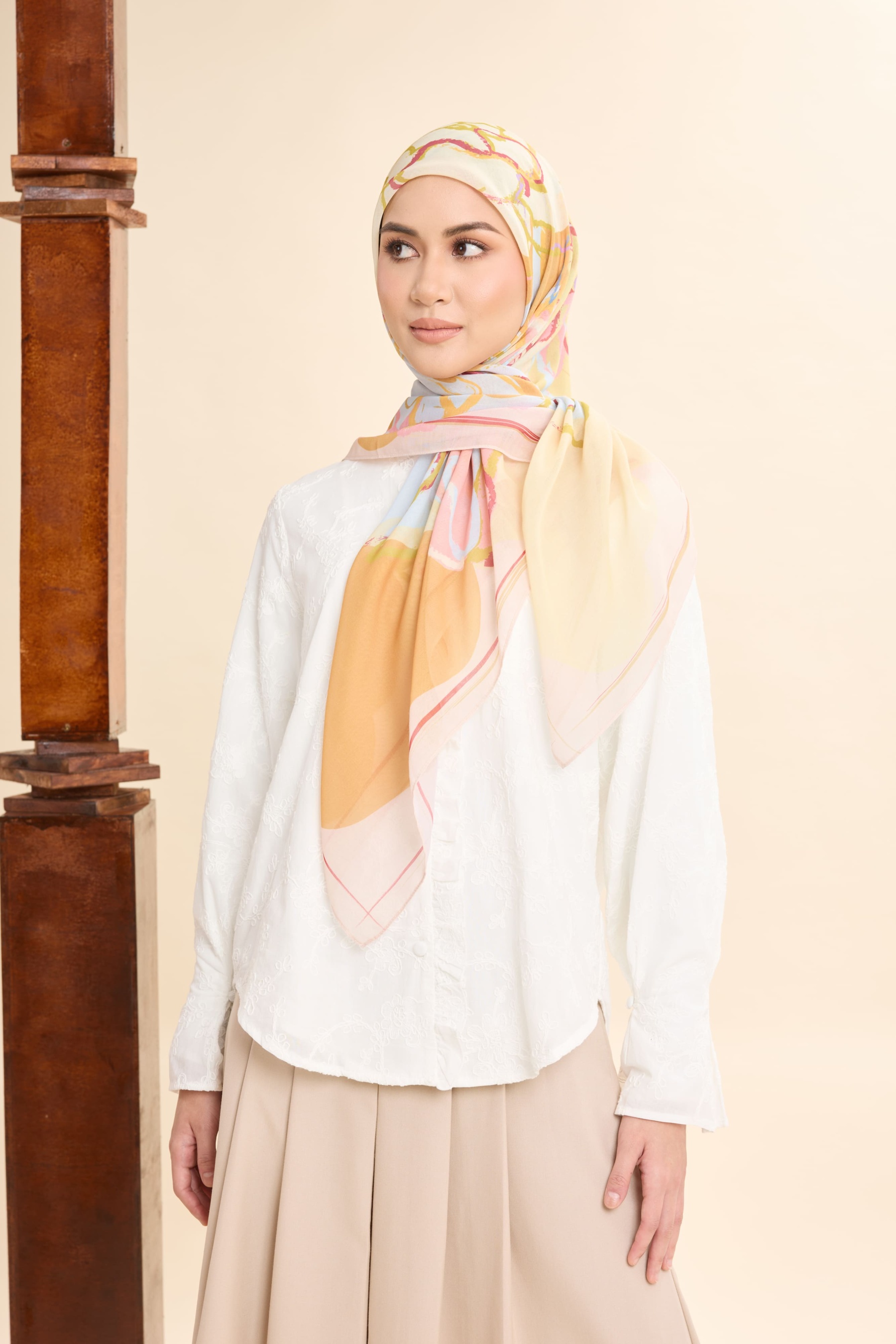 Thalia Lemon Yellow Abstract Square Voile Scarf