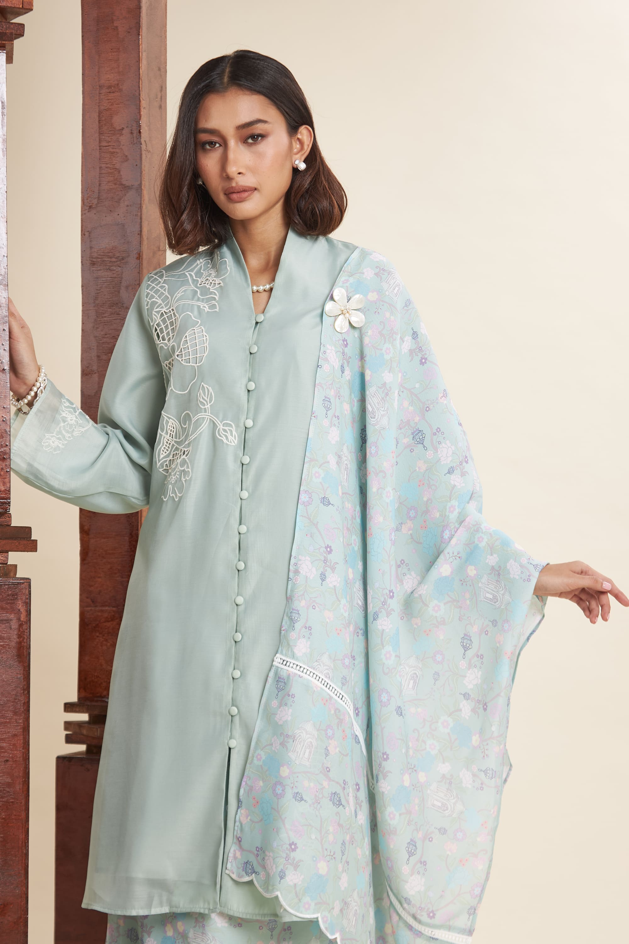 Maya Mint Green Embroidered Kurung Set