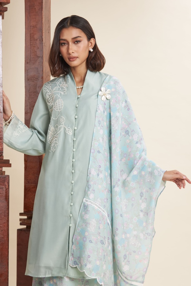 Maya Mint Green Embroidered Kurung Set