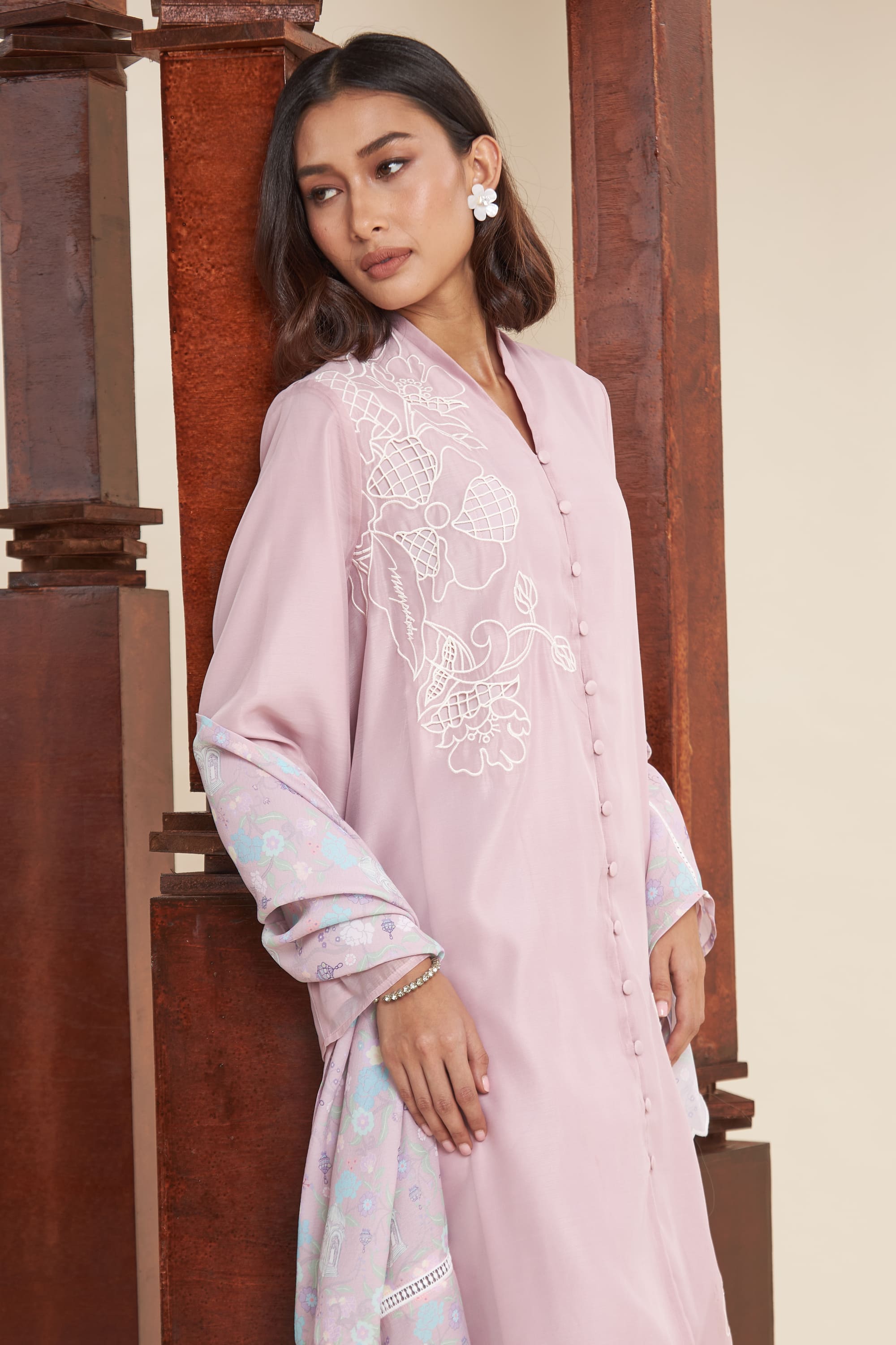 Maya Mauve Pink Embroidered Kurung Set