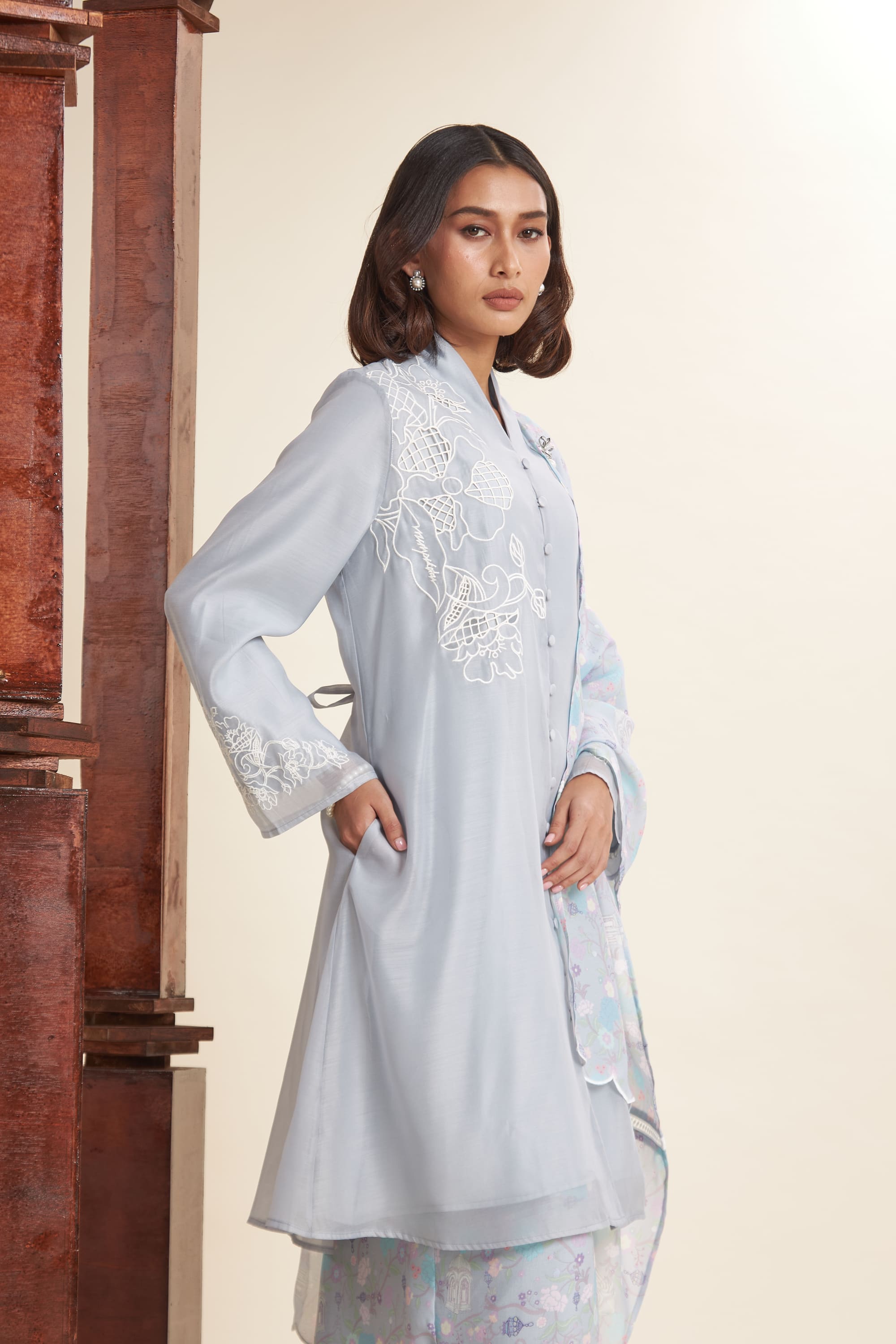 Maya Powder Blue Embroidered Kurung Set