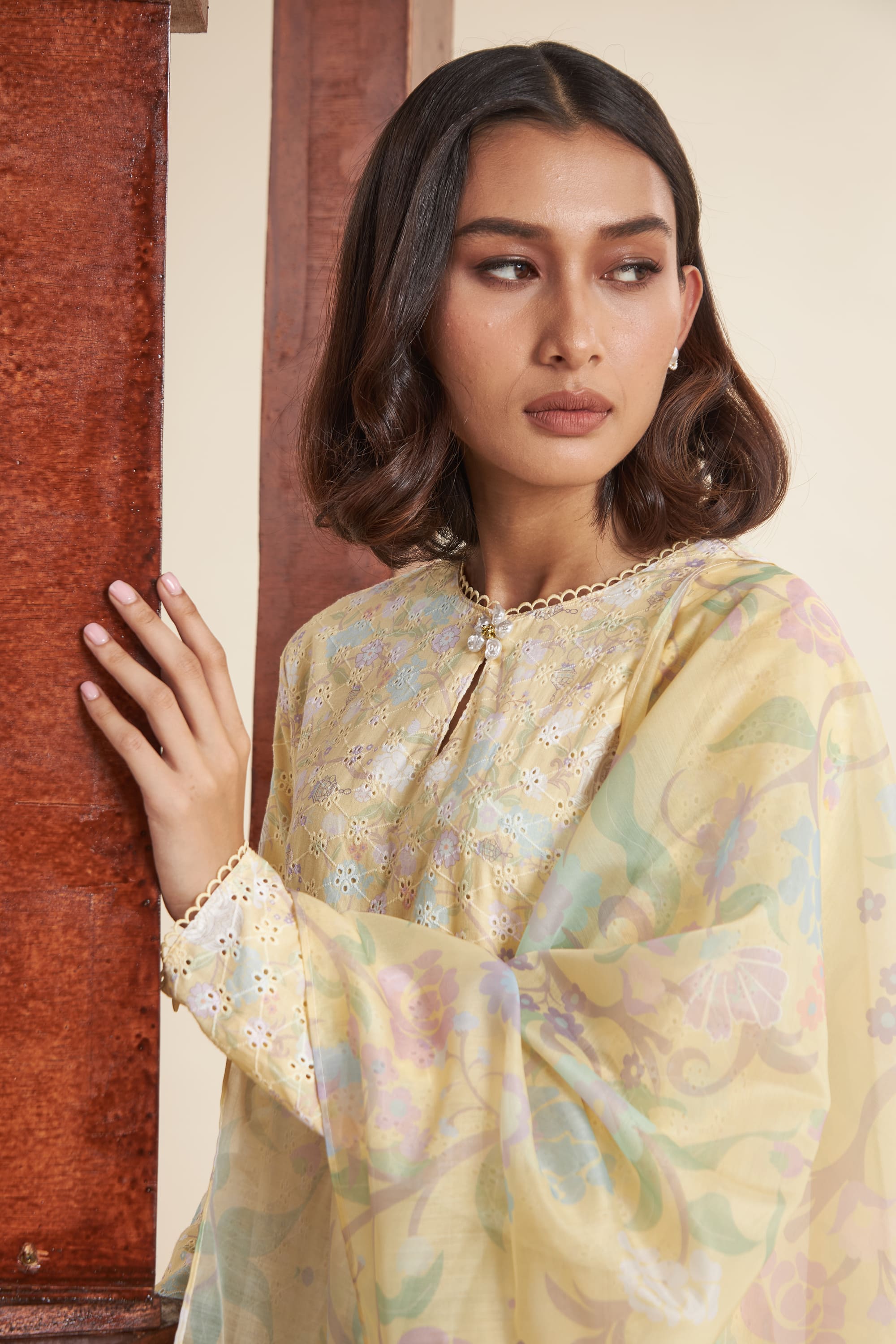 Katrina Butter Yellow Textured Modern Kurung Set