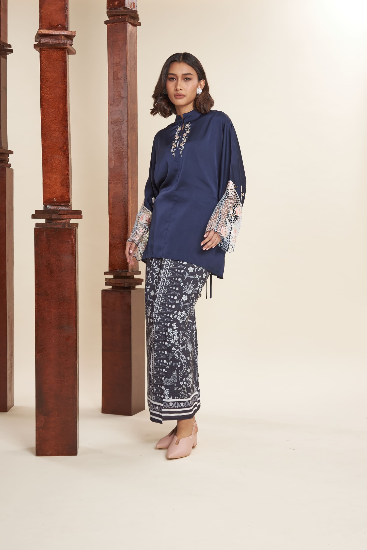 Rani Navy Blue Embroidered Batwing Top