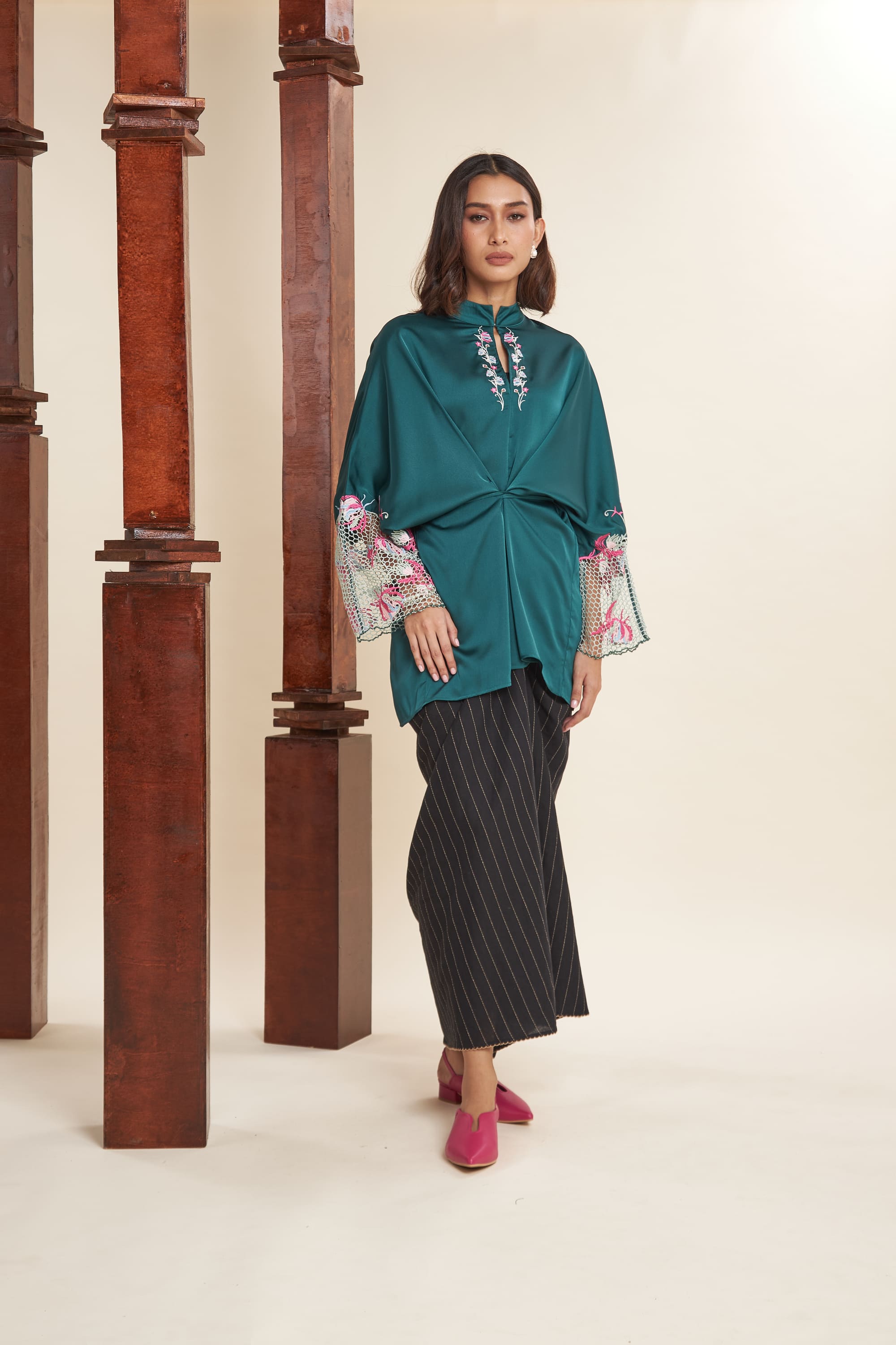 Rani Emerald Green Embroidered Batwing Top