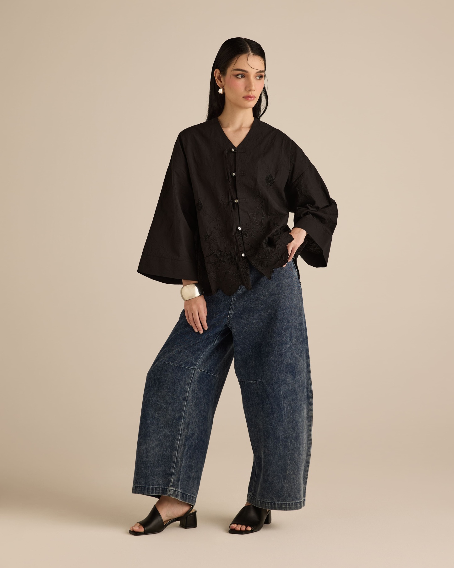 Najwa Black Embroidered Boxy Top