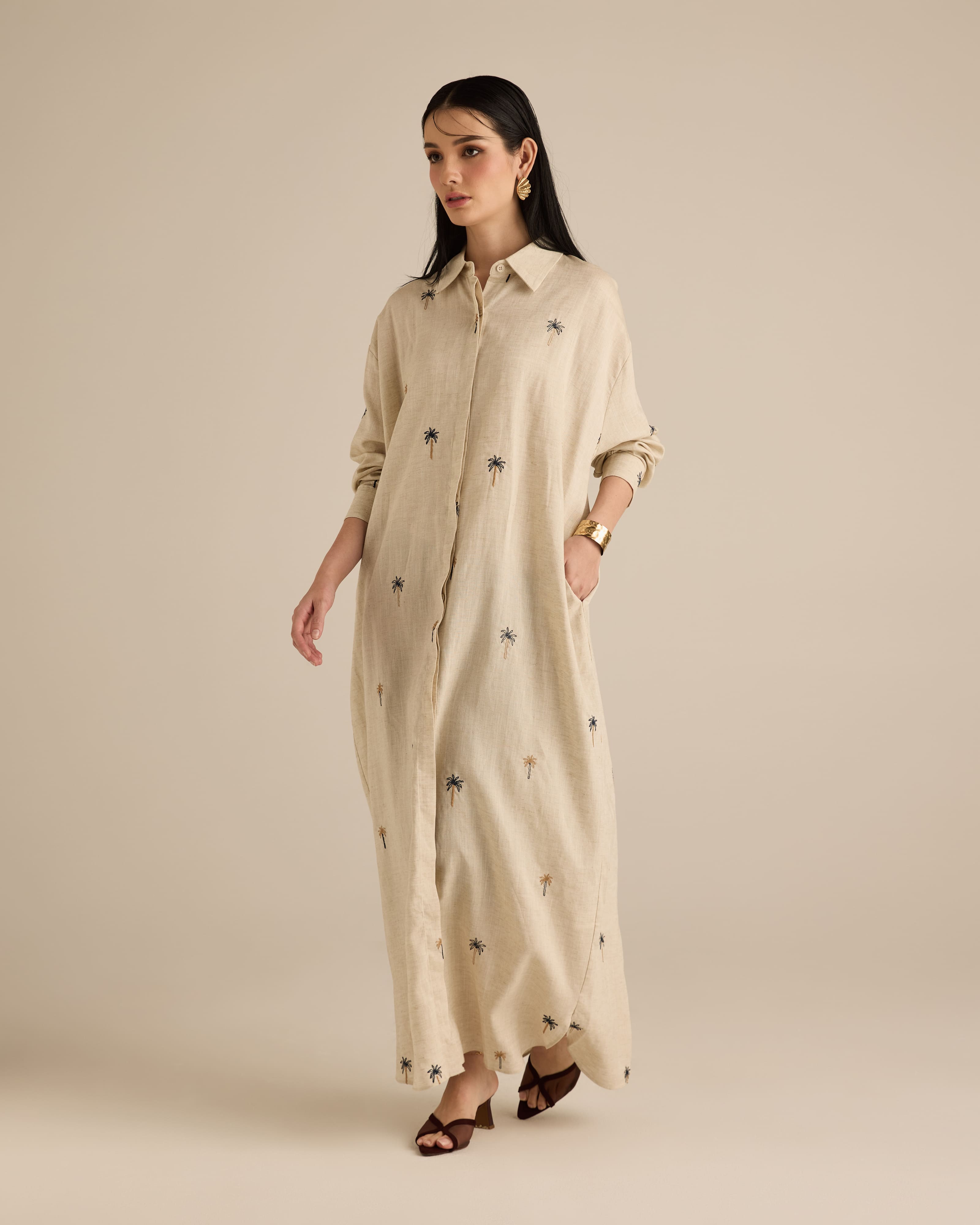 Leena Khaki Embroidered Long Dress